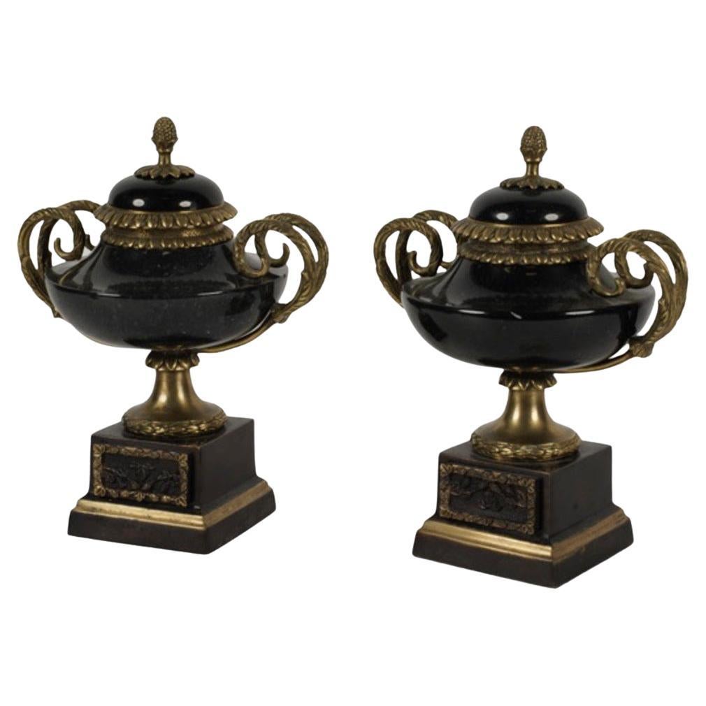 Paar französische Urnen aus Marmor und Bronze mit Deckel