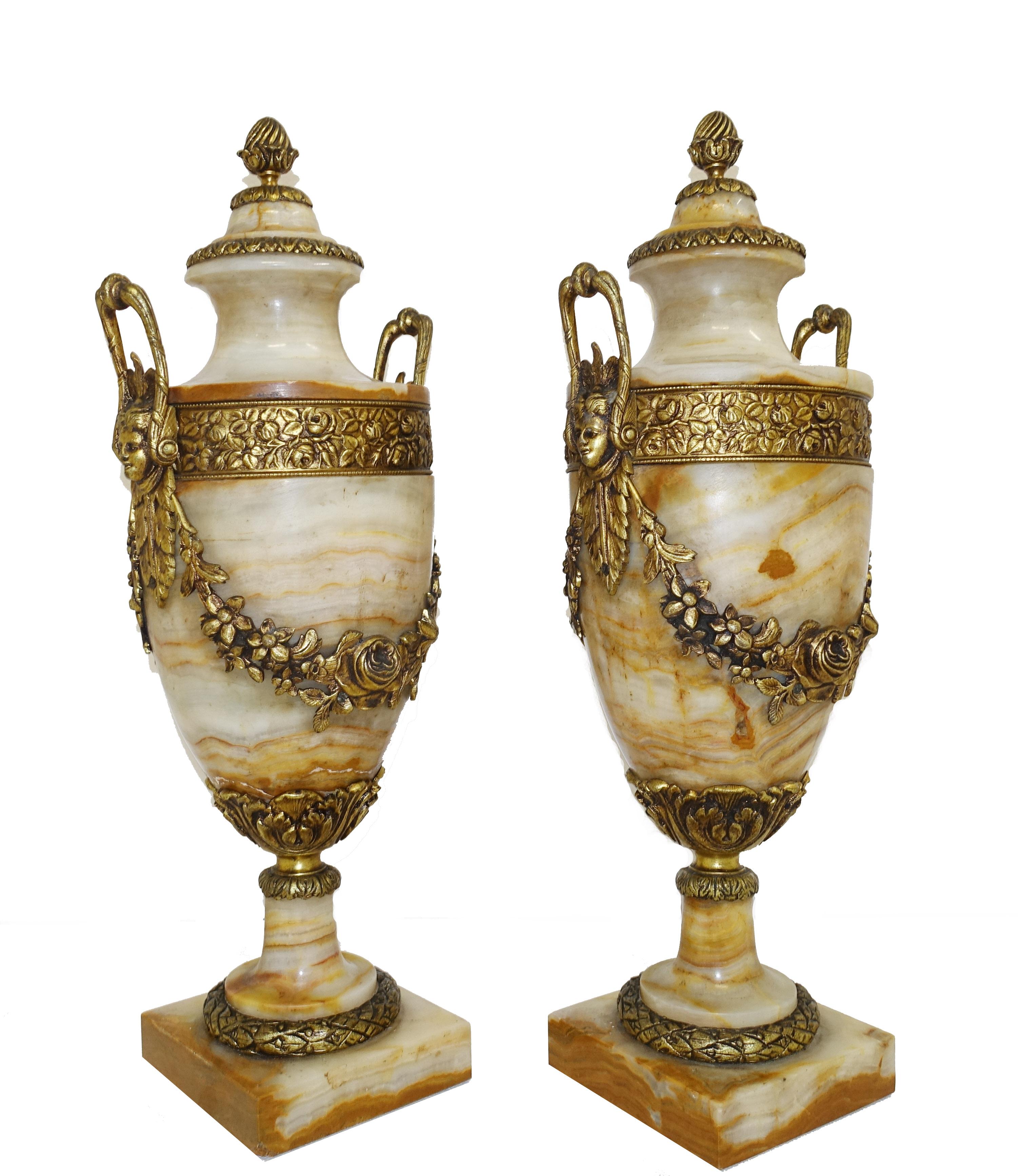 Pair French Marble Urns Antique Cassolette Ormolu In Good Condition For Sale In Potters Bar, GB