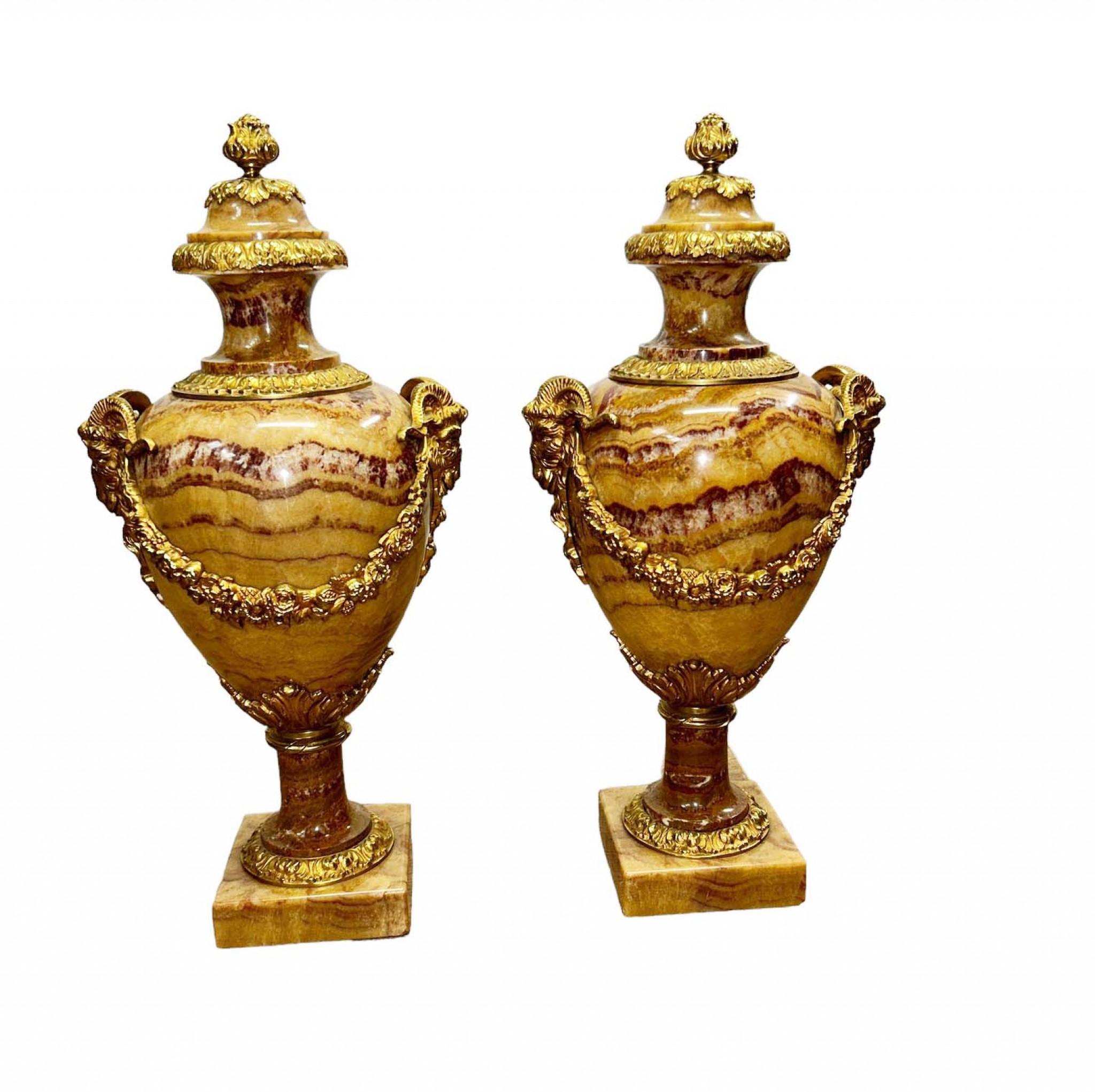 Pair French Marble Urns Cassolettes Decorative Empire Amphora Vase In Good Condition For Sale In Potters Bar, GB
