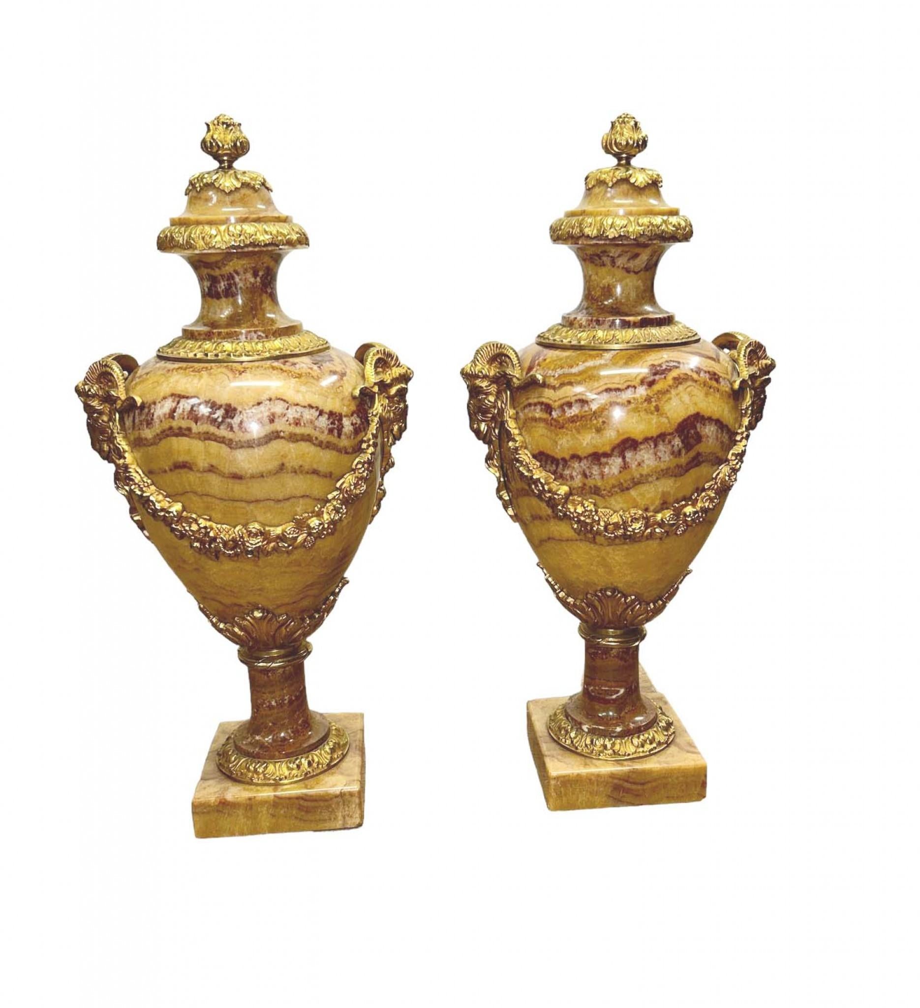 Late 19th Century Pair French Marble Urns Cassolettes Decorative Empire Amphora Vase For Sale