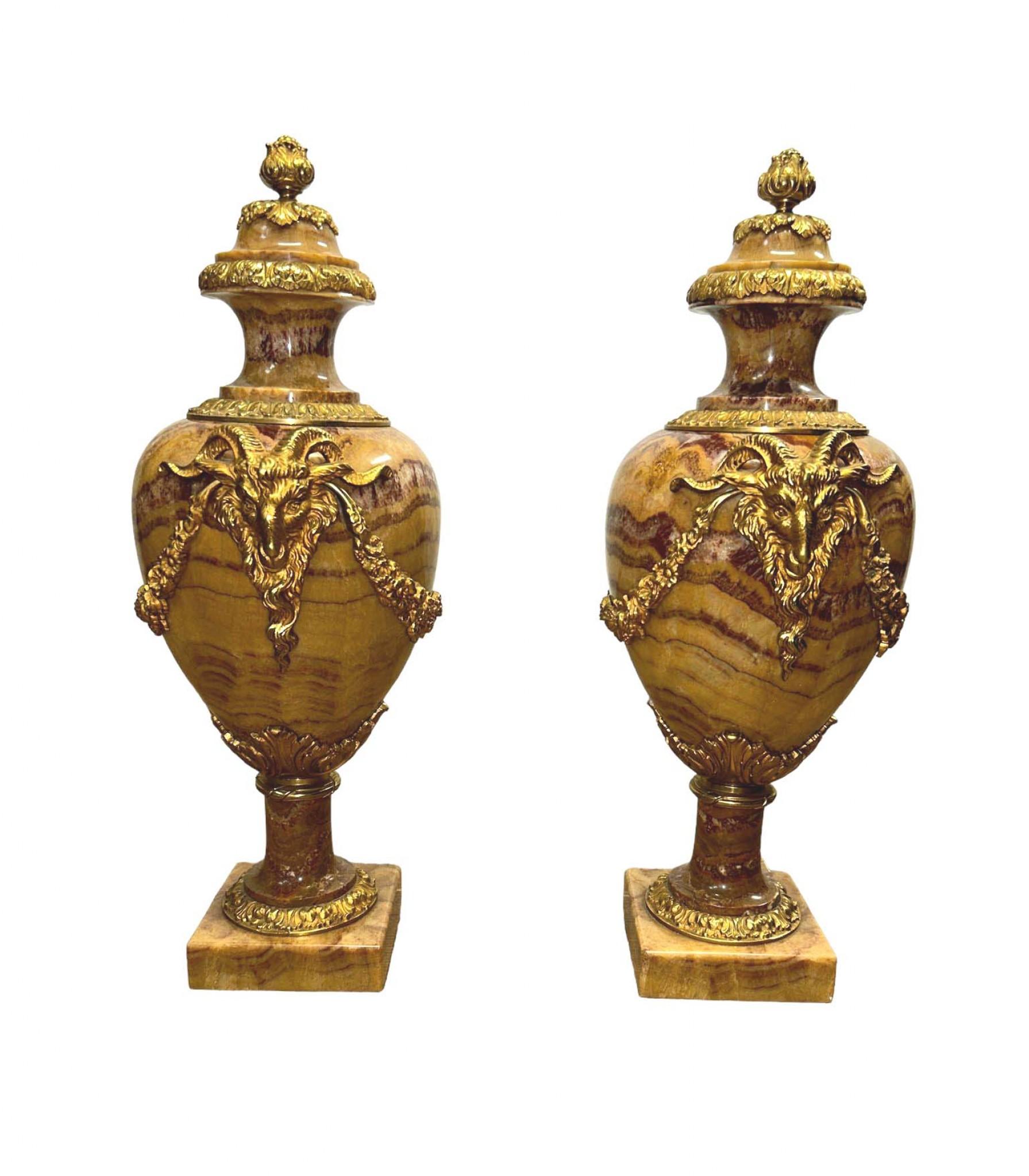 Pair French Marble Urns Cassolettes Decorative Empire Amphora Vase For Sale 1