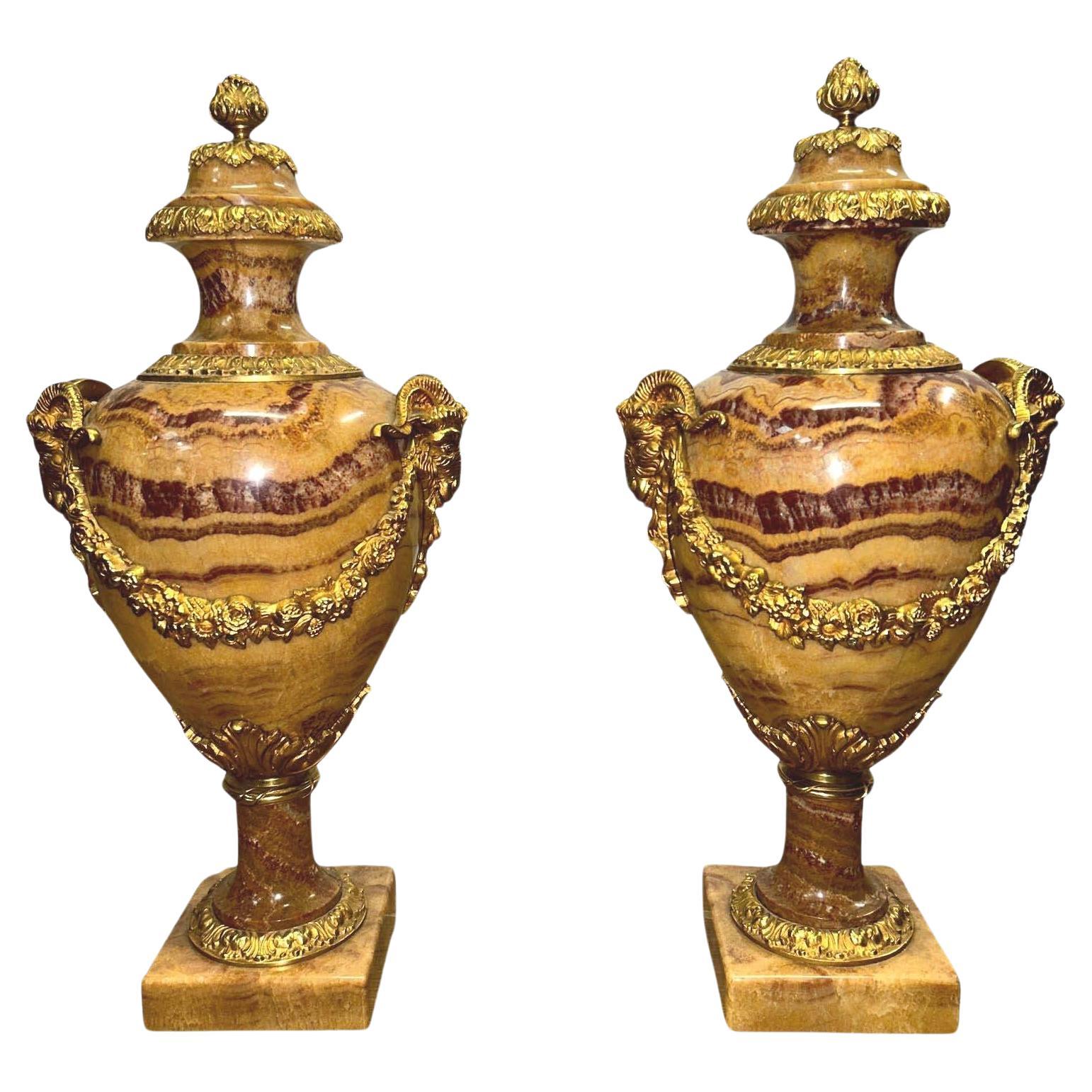 Pair French Marble Urns Cassolettes Decorative Empire Amphora Vase For Sale