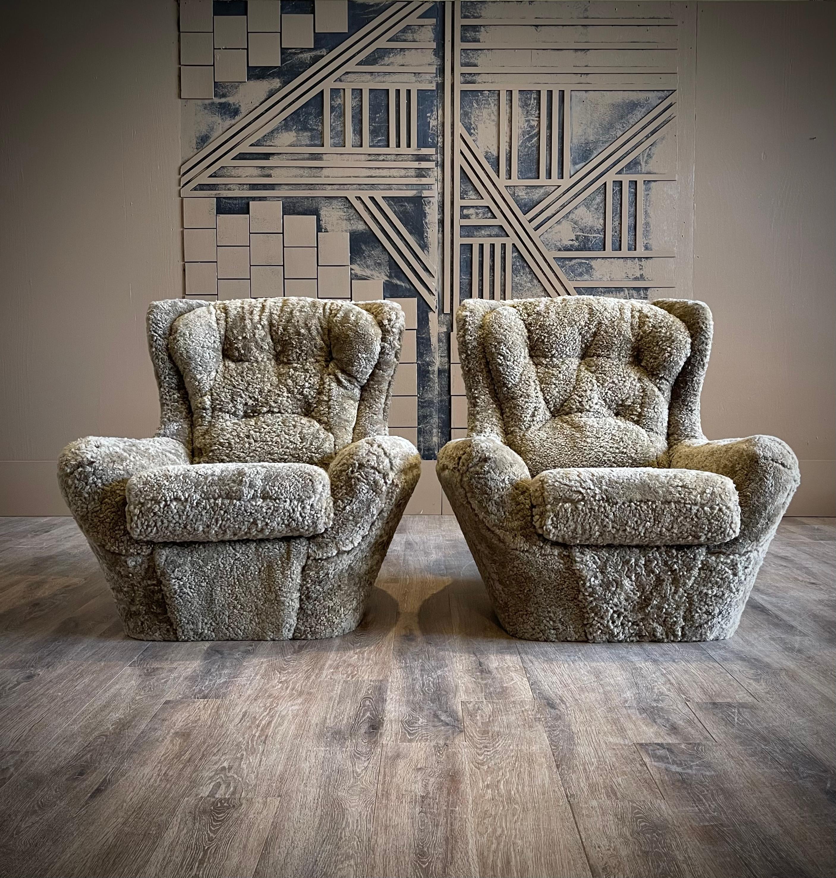 20th Century Pair French MCM Steiner Knoll Lounge Chairs in Sheepskin / Shearling For Sale