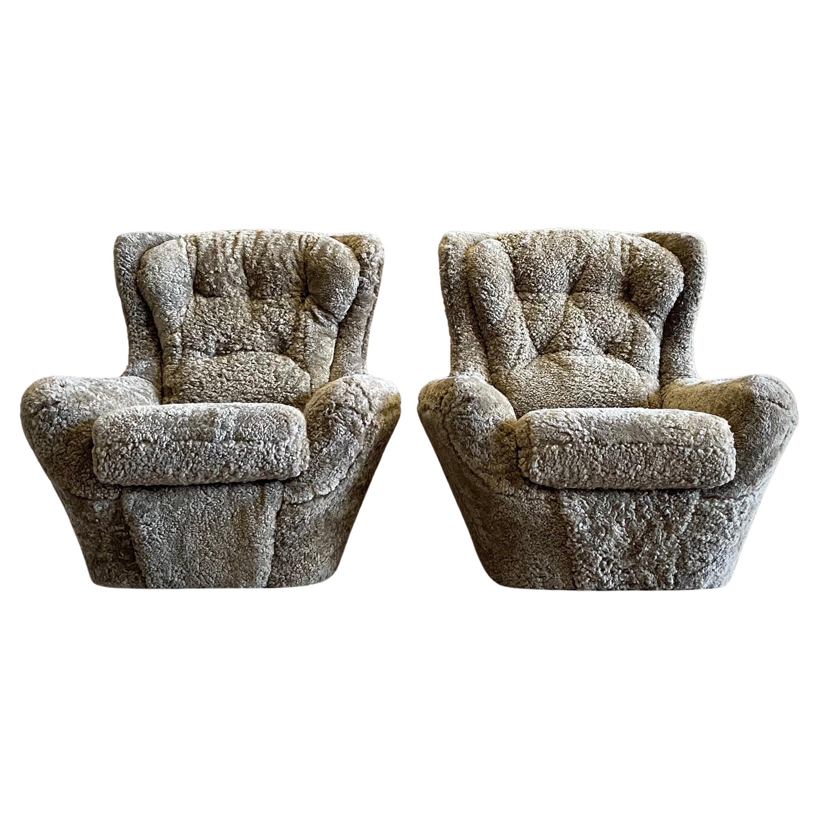 Pair French MCM Steiner Knoll Lounge Chairs in Sheepskin / Shearling For Sale