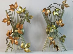 Pair French MCM Wall Sconces in Wire and Brass Leaves