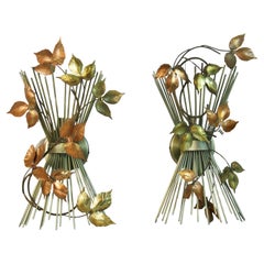 Pair French MCM Wall Sconces in Wire and Brass Leaves