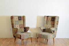 Pair French Mid 20th Century Light Walnut and Kilim Upholstered Bergeres