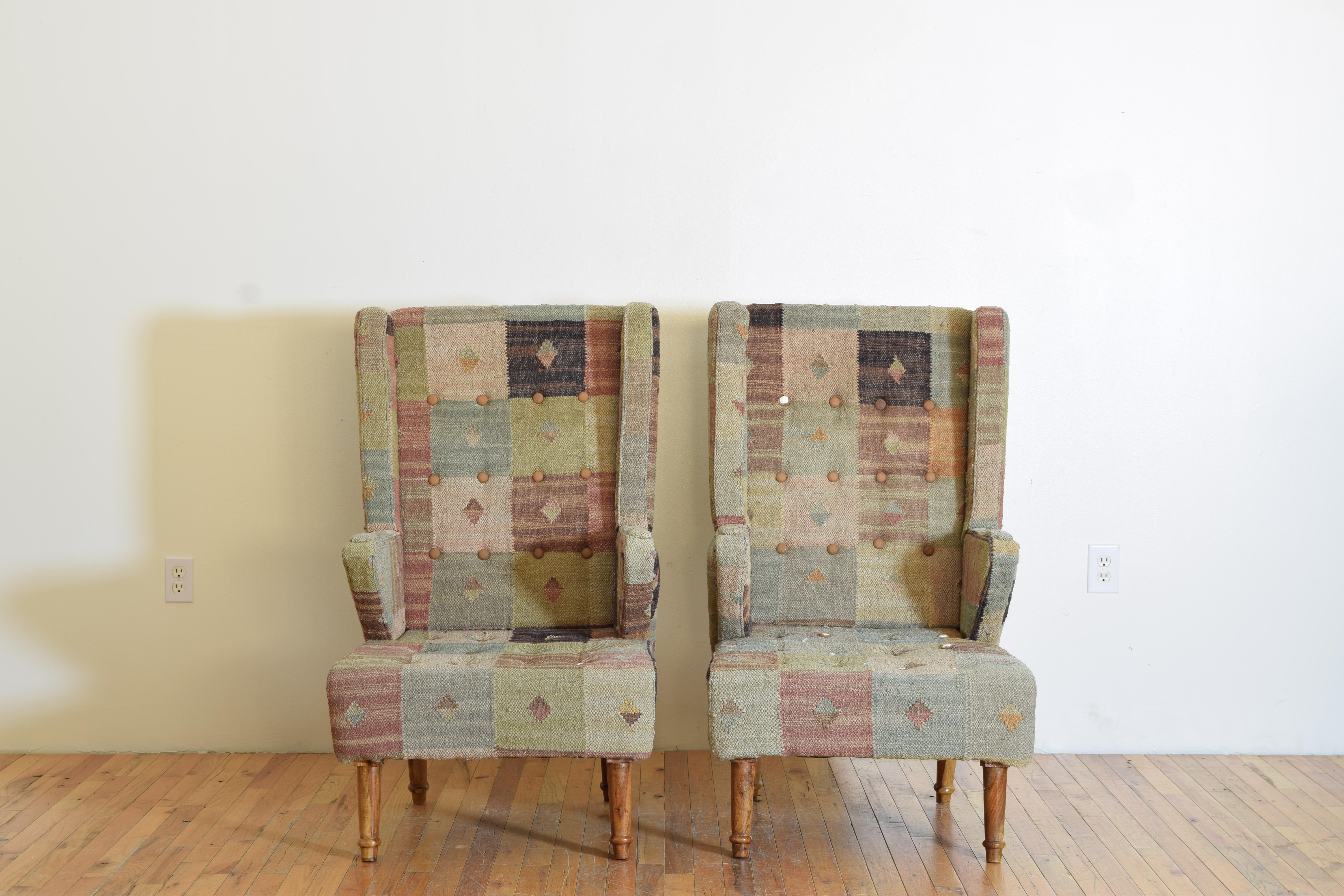 Mid-Century Modern Pair French Mid 20th Century Light Walnut and Kilim Upholstered Bergeres For Sale