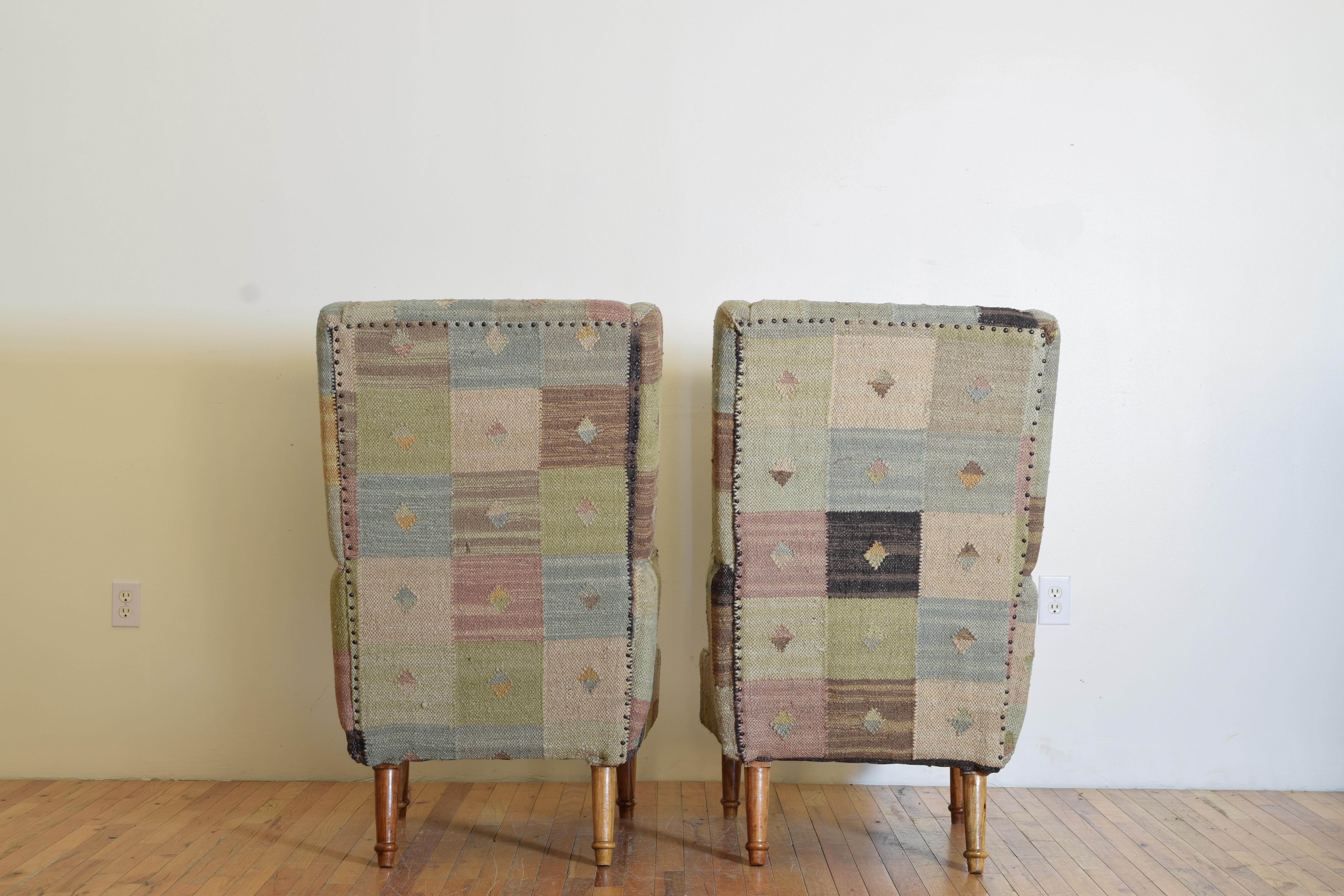 Pair French Mid 20th Century Light Walnut and Kilim Upholstered Bergeres For Sale 1