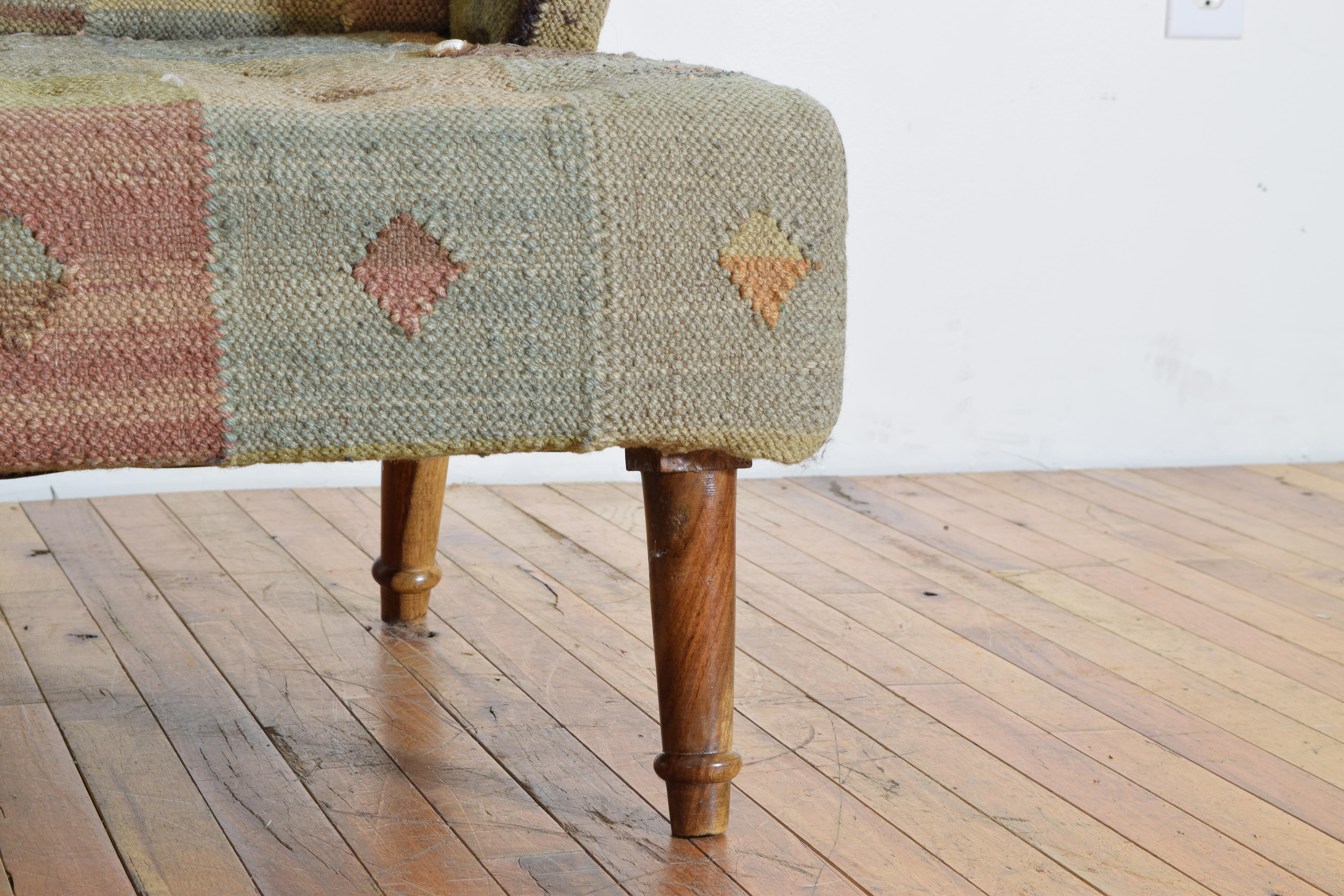 Pair French Mid 20th Century Light Walnut and Kilim Upholstered Bergeres For Sale 3