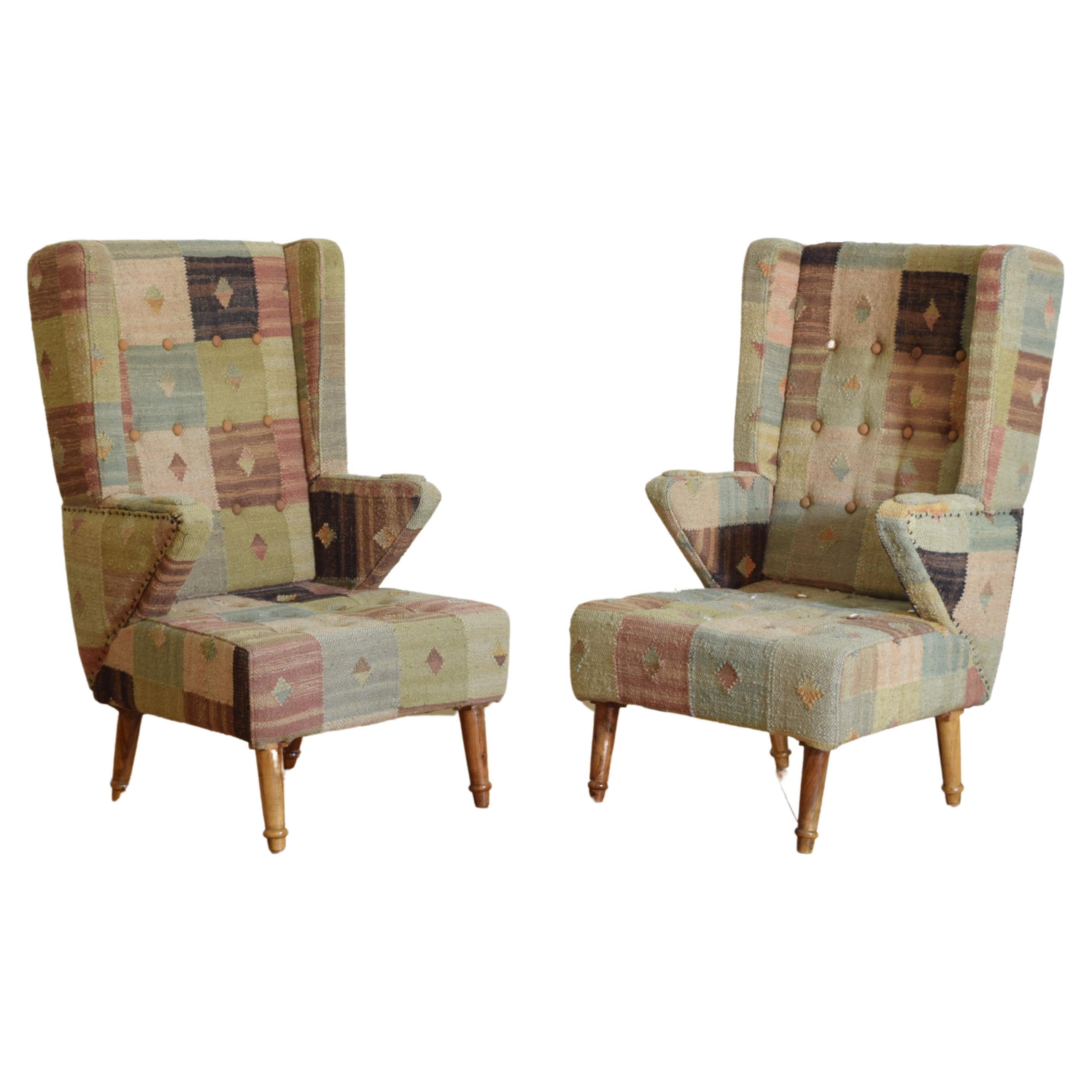 Pair French Mid 20th Century Light Walnut and Kilim Upholstered Bergeres For Sale