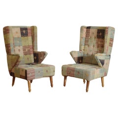 Pair French Mid 20th Century Light Walnut and Kilim Upholstered Bergeres