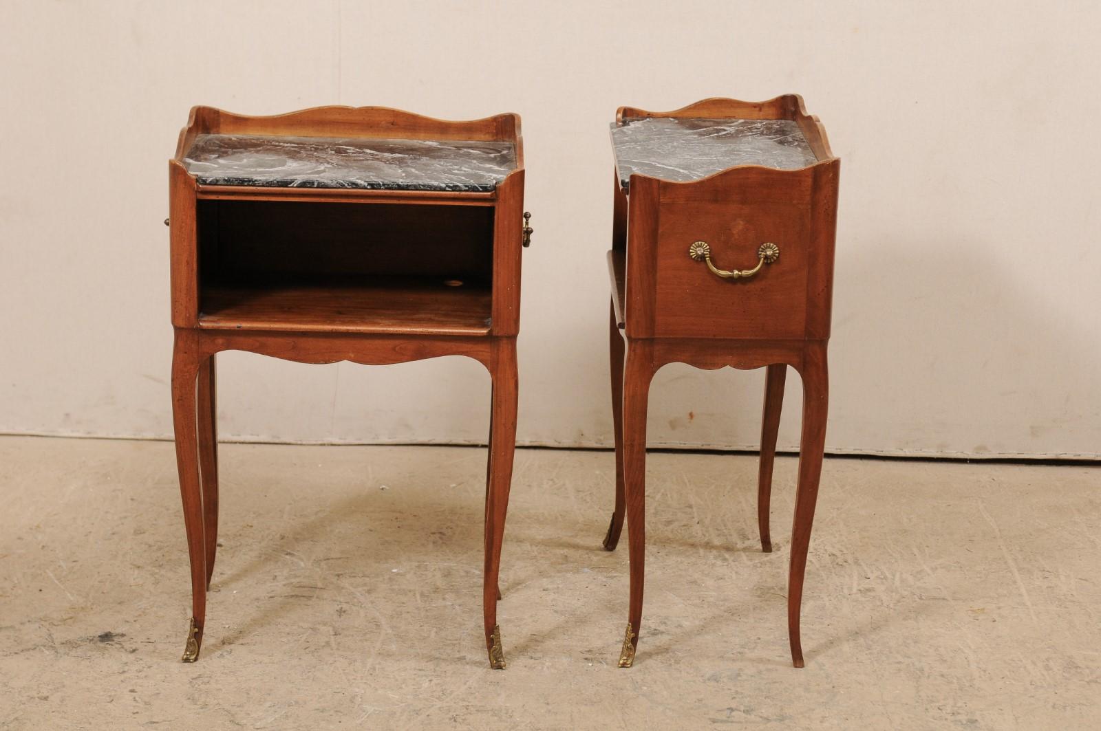 Pair of French Mid-20th Century Marble-Top Side Chests with Cabriole Legs 1
