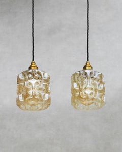Pair French Mid Century Amber Glass Pendant Lights C1970