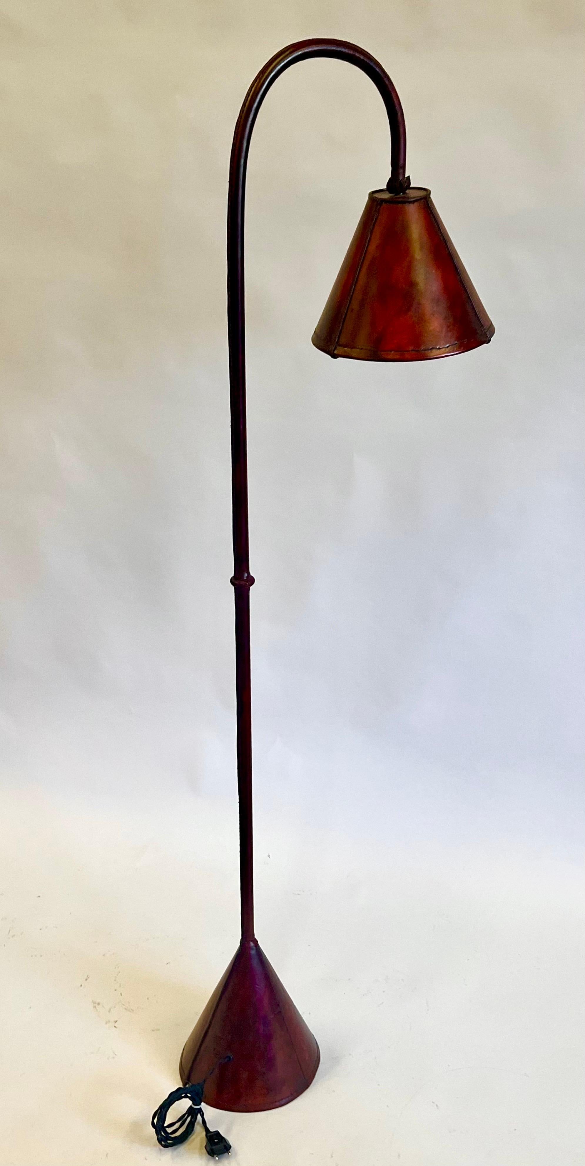 Pair, French Mid-Century Burgundy Stitched Leather Floor Lamps by Jacques Adnet 2