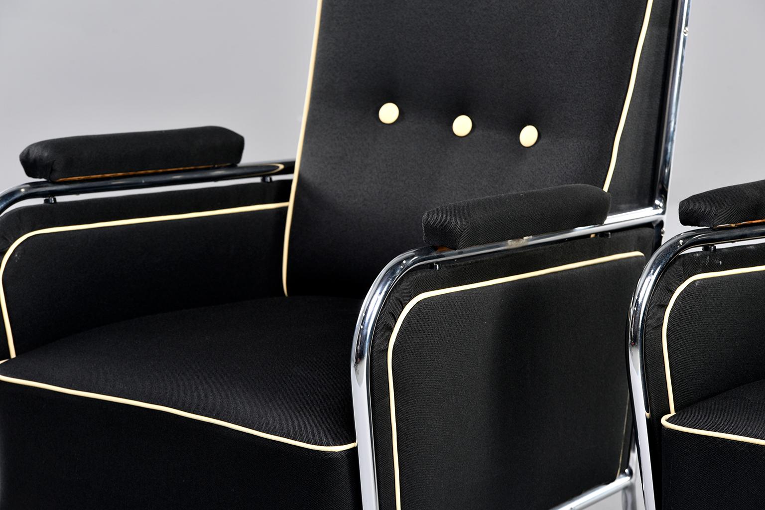  Pair French Midcentury Chrome Framed Club Chairs in Black with Ivory Detailing For Sale 5