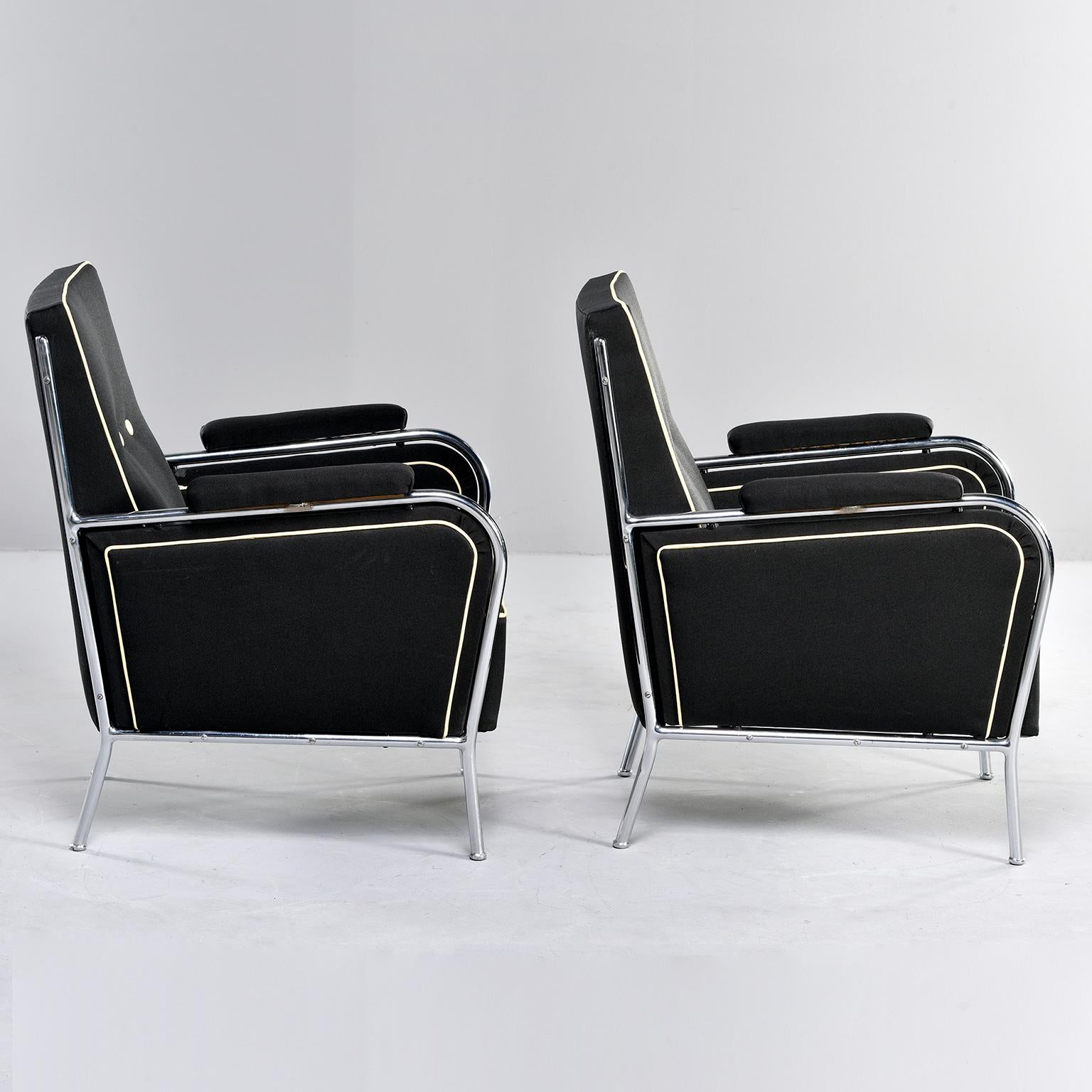 Mid-Century Modern  Pair French Midcentury Chrome Framed Club Chairs in Black with Ivory Detailing For Sale
