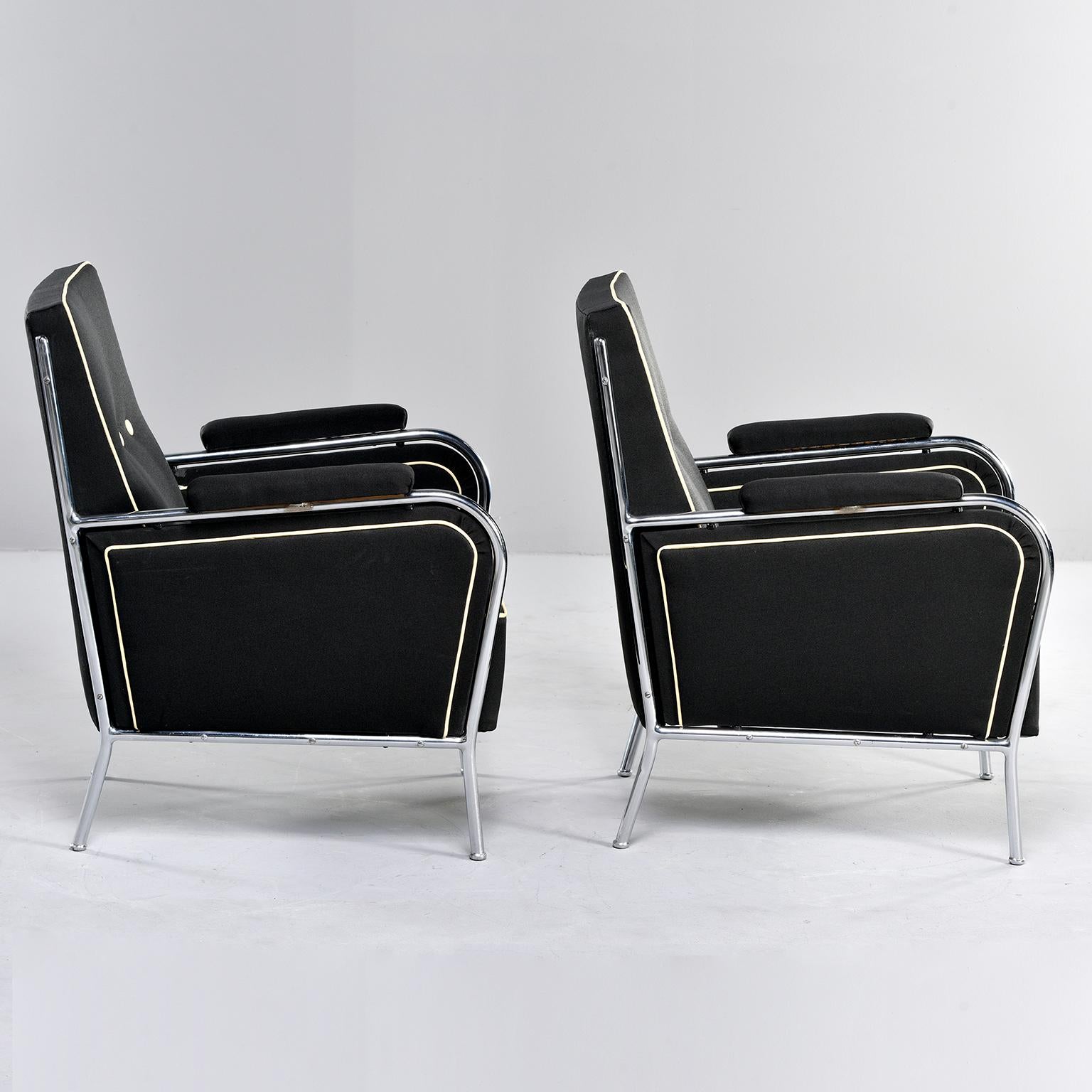 Mid-Century Modern Pair French Midcentury Chrome Framed Club Chairs in Black with Ivory Detailing For Sale