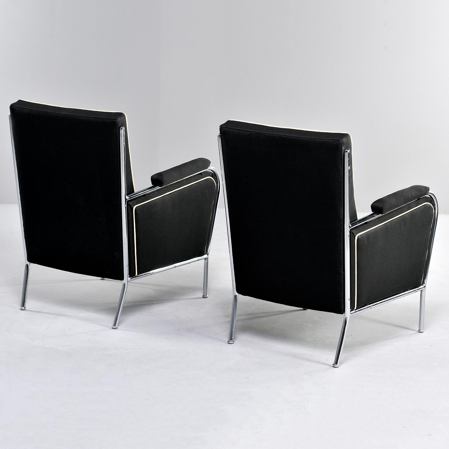  Pair French Midcentury Chrome Framed Club Chairs in Black with Ivory Detailing In Good Condition For Sale In Troy, MI