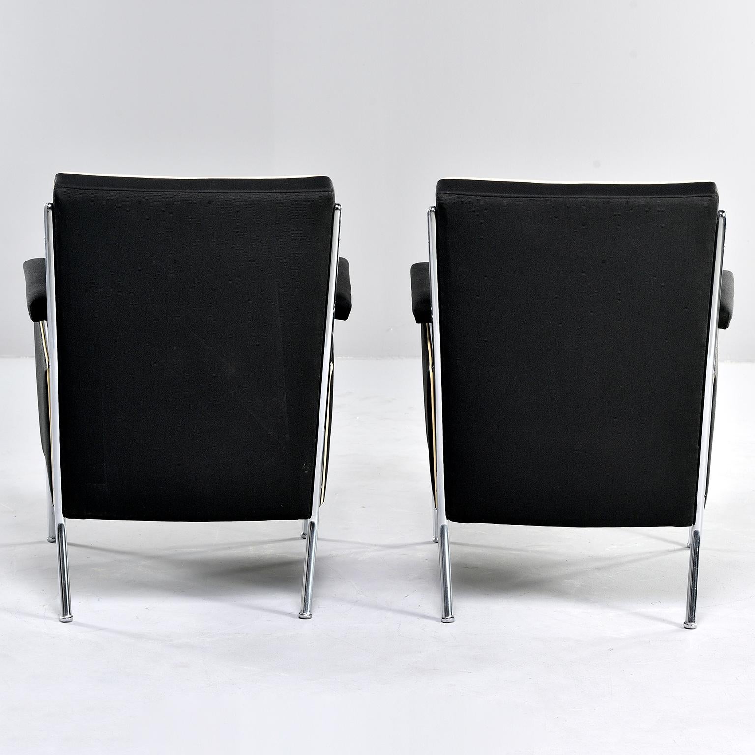 20th Century  Pair French Midcentury Chrome Framed Club Chairs in Black with Ivory Detailing For Sale