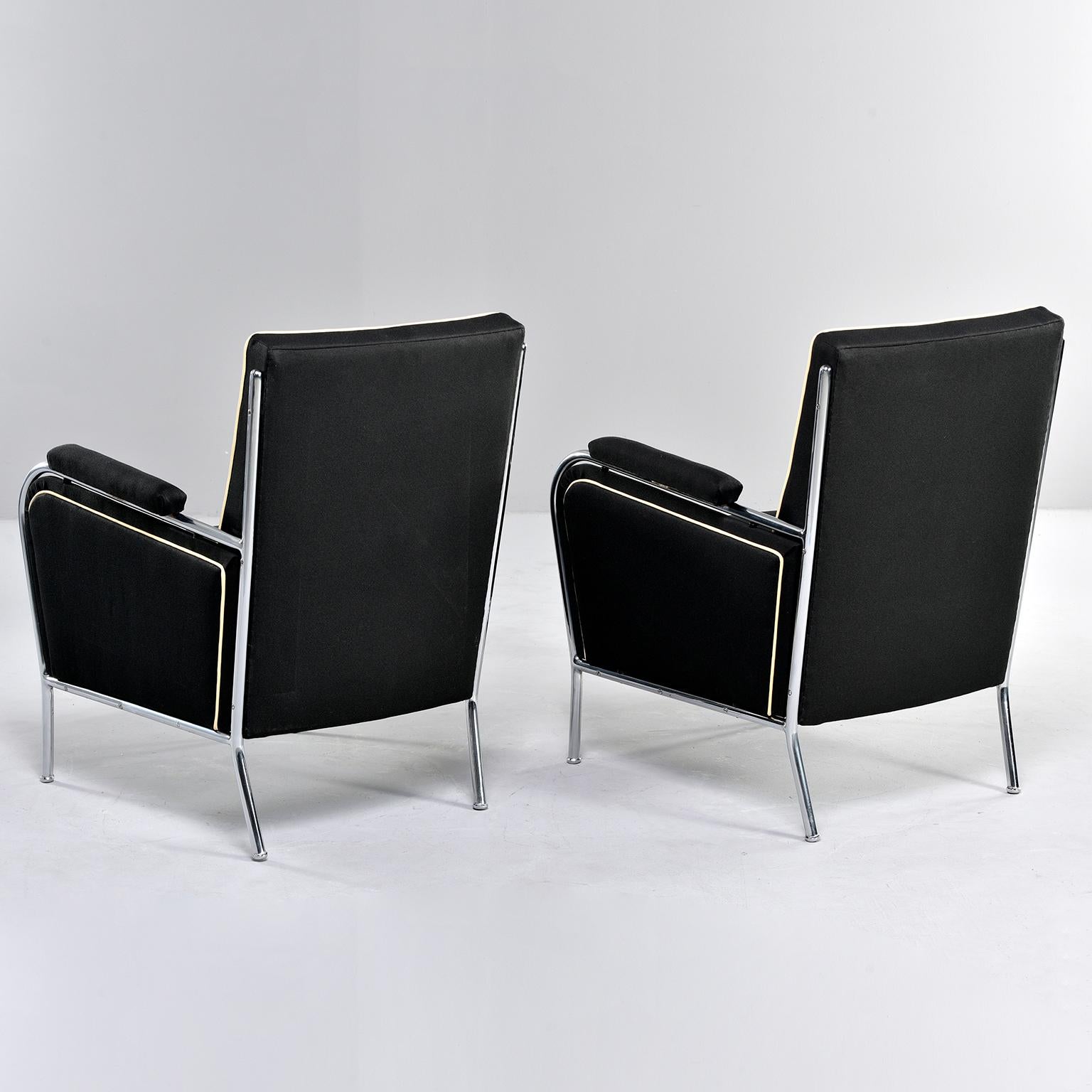 Upholstery  Pair French Midcentury Chrome Framed Club Chairs in Black with Ivory Detailing For Sale