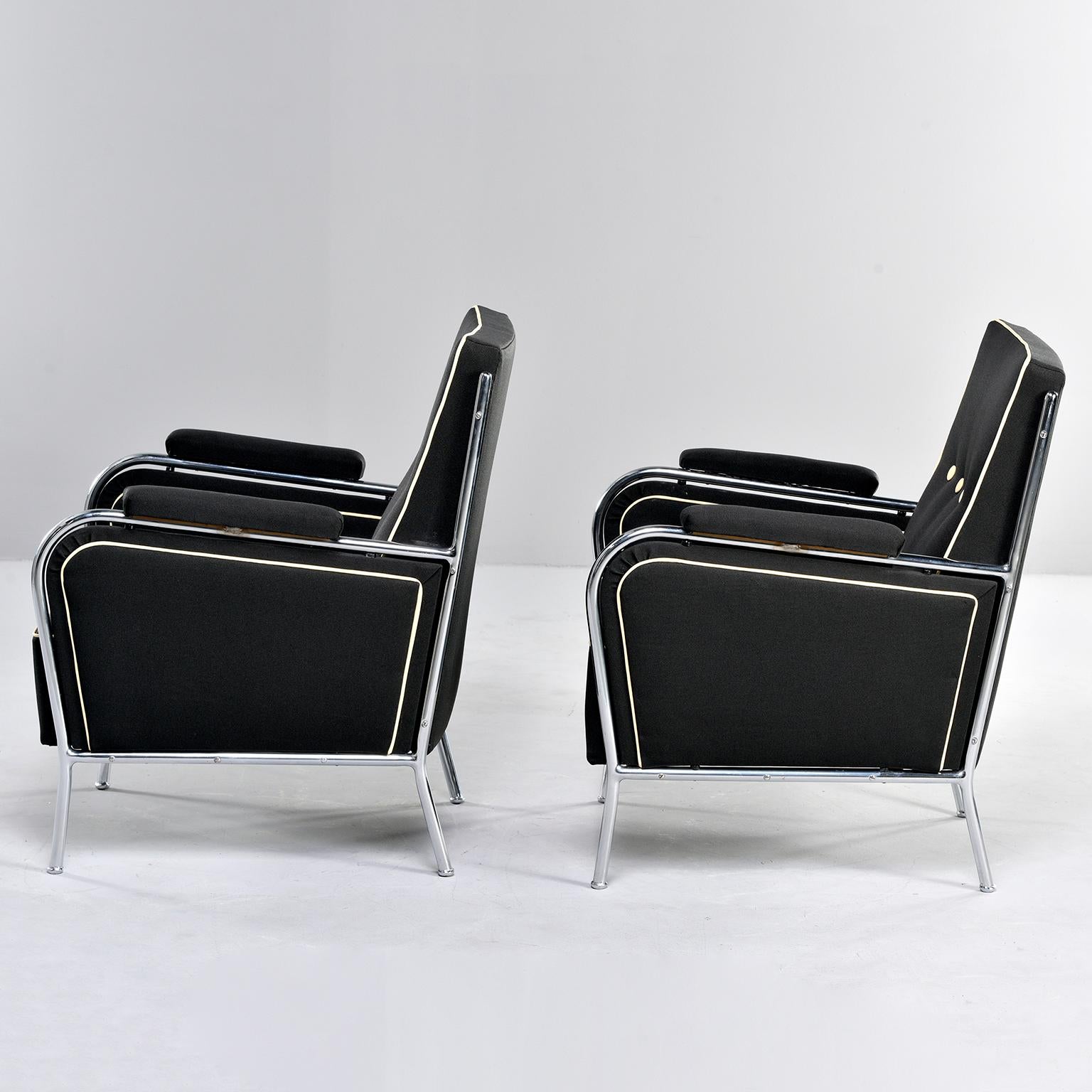 Pair French Midcentury Chrome Framed Club Chairs in Black with Ivory Detailing For Sale 1