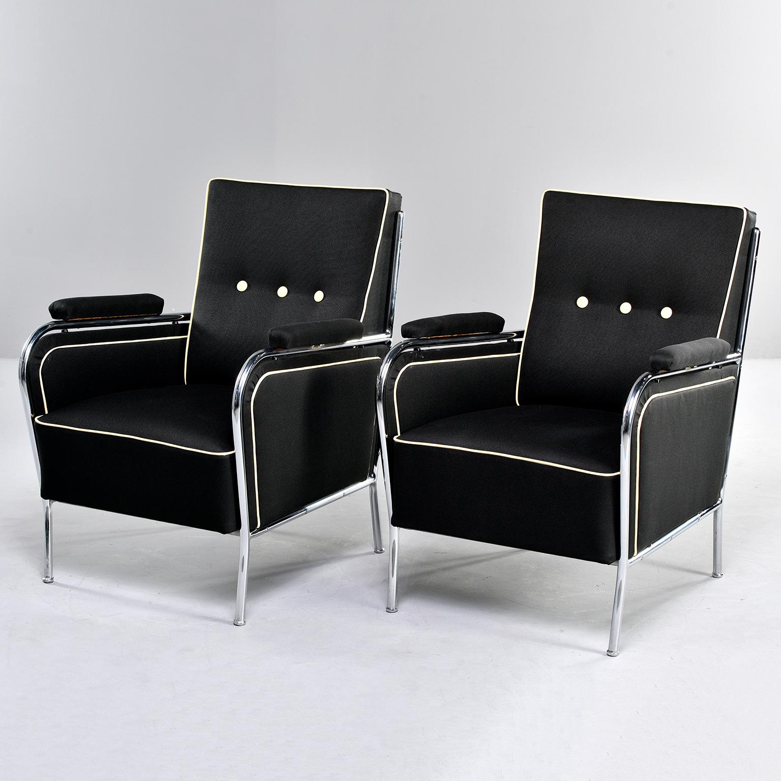  Pair French Midcentury Chrome Framed Club Chairs in Black with Ivory Detailing For Sale 2