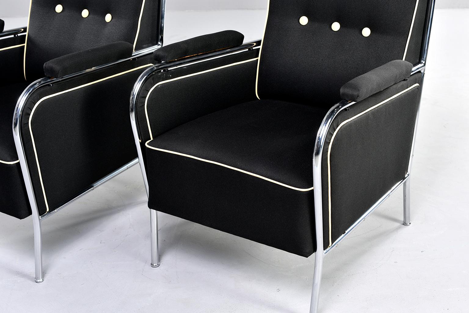  Pair French Midcentury Chrome Framed Club Chairs in Black with Ivory Detailing For Sale 3