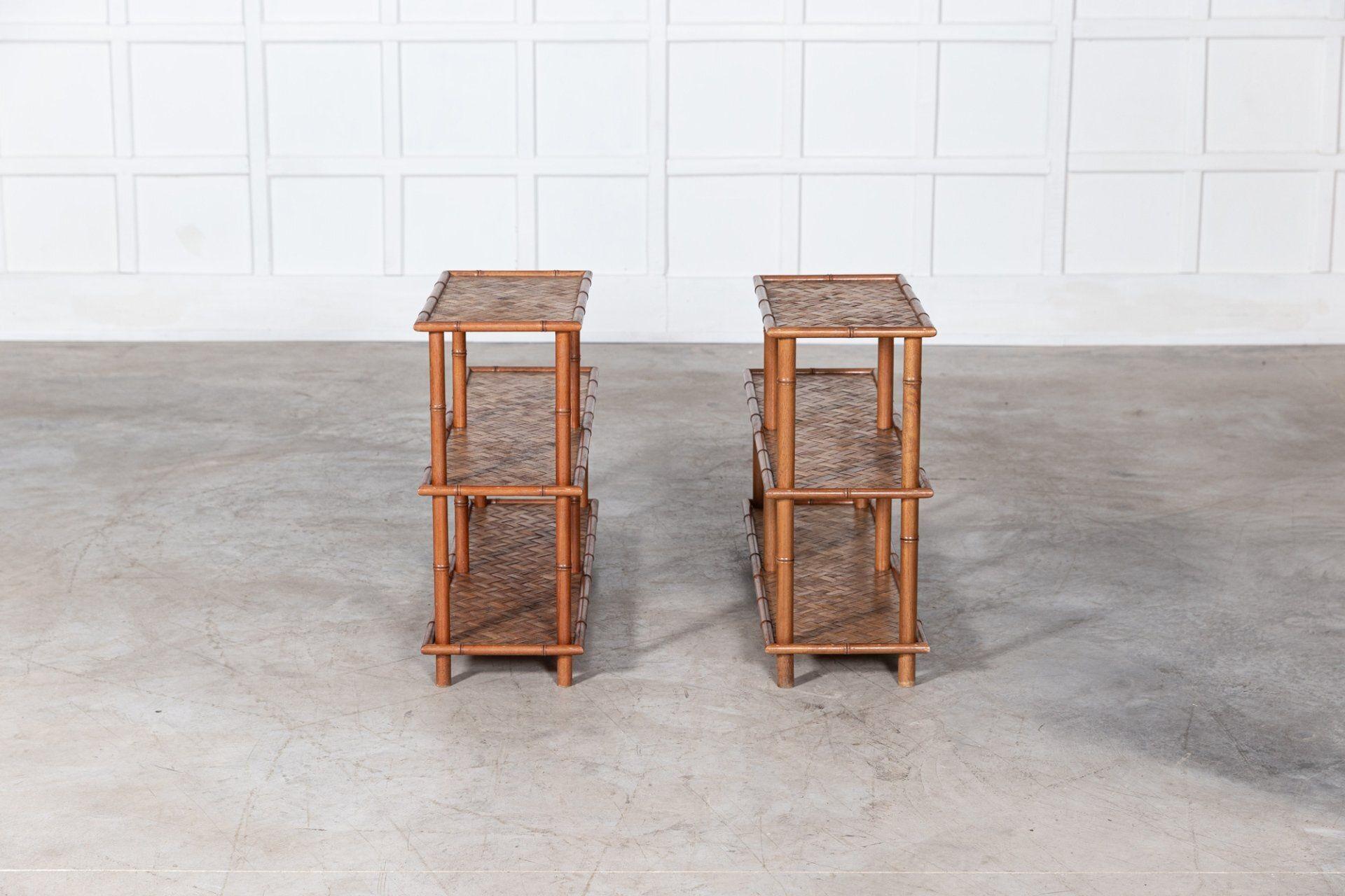 Pair French Mid Century Faux Bamboo Beech & Rattan Etageres For Sale 8