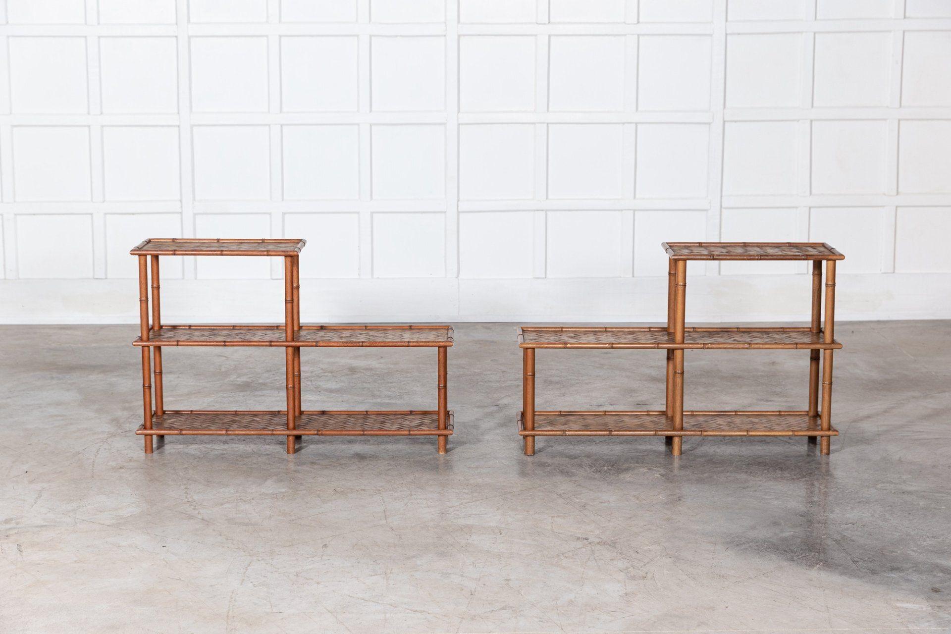 Pair French Mid Century Faux Bamboo Beech & Rattan Etageres For Sale 10
