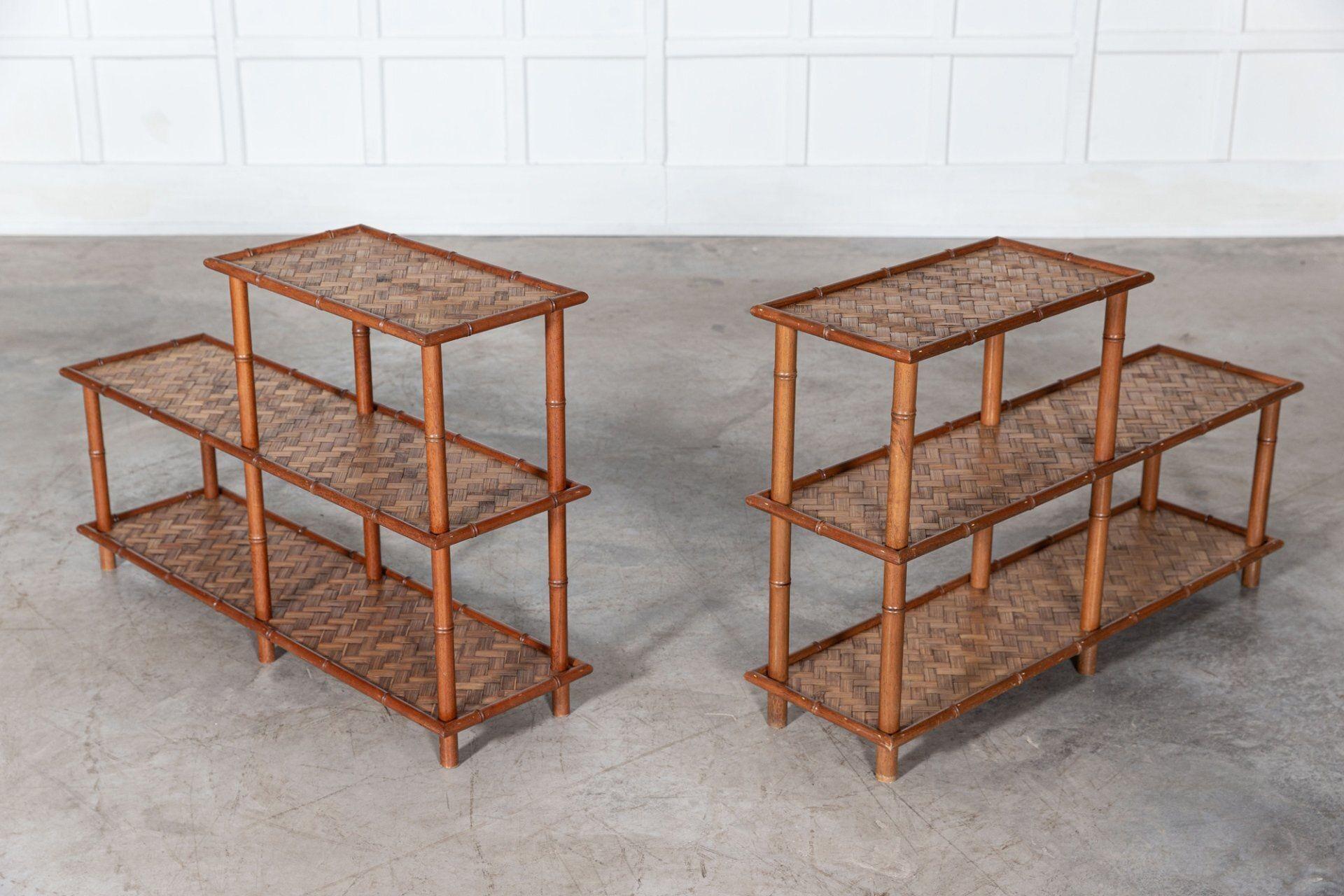 Pair French Mid Century Faux Bamboo Beech & Rattan Etageres For Sale 11