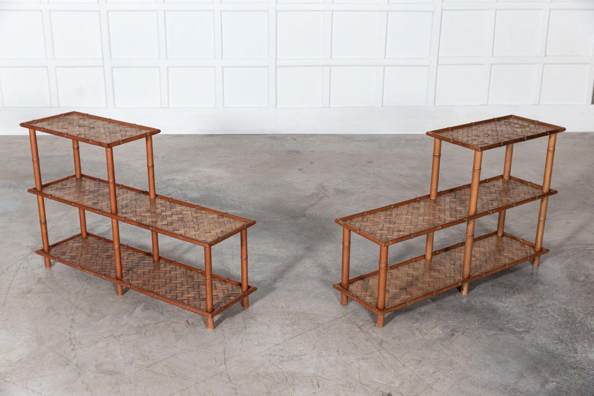 Pair French Mid Century Faux Bamboo Beech & Rattan Etageres For Sale 13