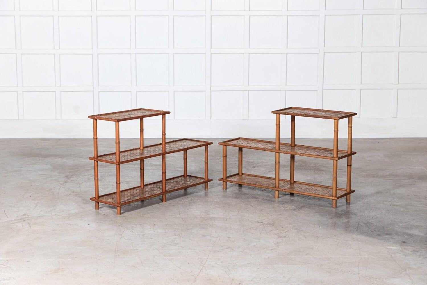 20th Century Pair French Mid Century Faux Bamboo Beech & Rattan Etageres For Sale