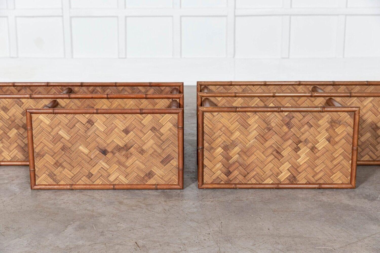 Pair French Mid Century Faux Bamboo Beech & Rattan Etageres For Sale 1