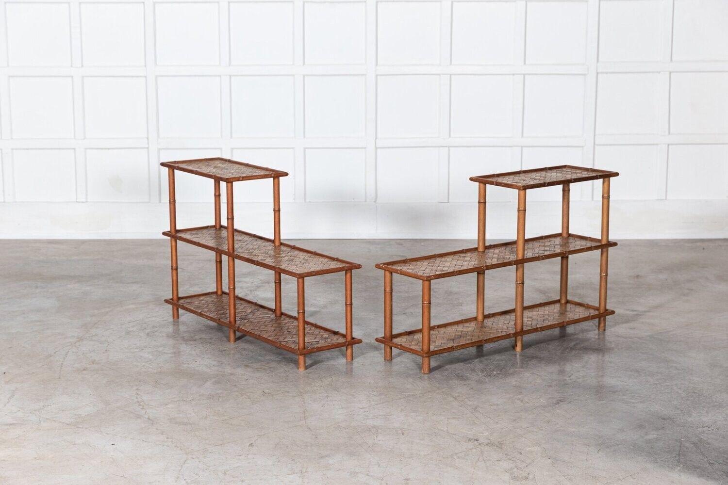 Pair French Mid Century Faux Bamboo Beech & Rattan Etageres For Sale 3