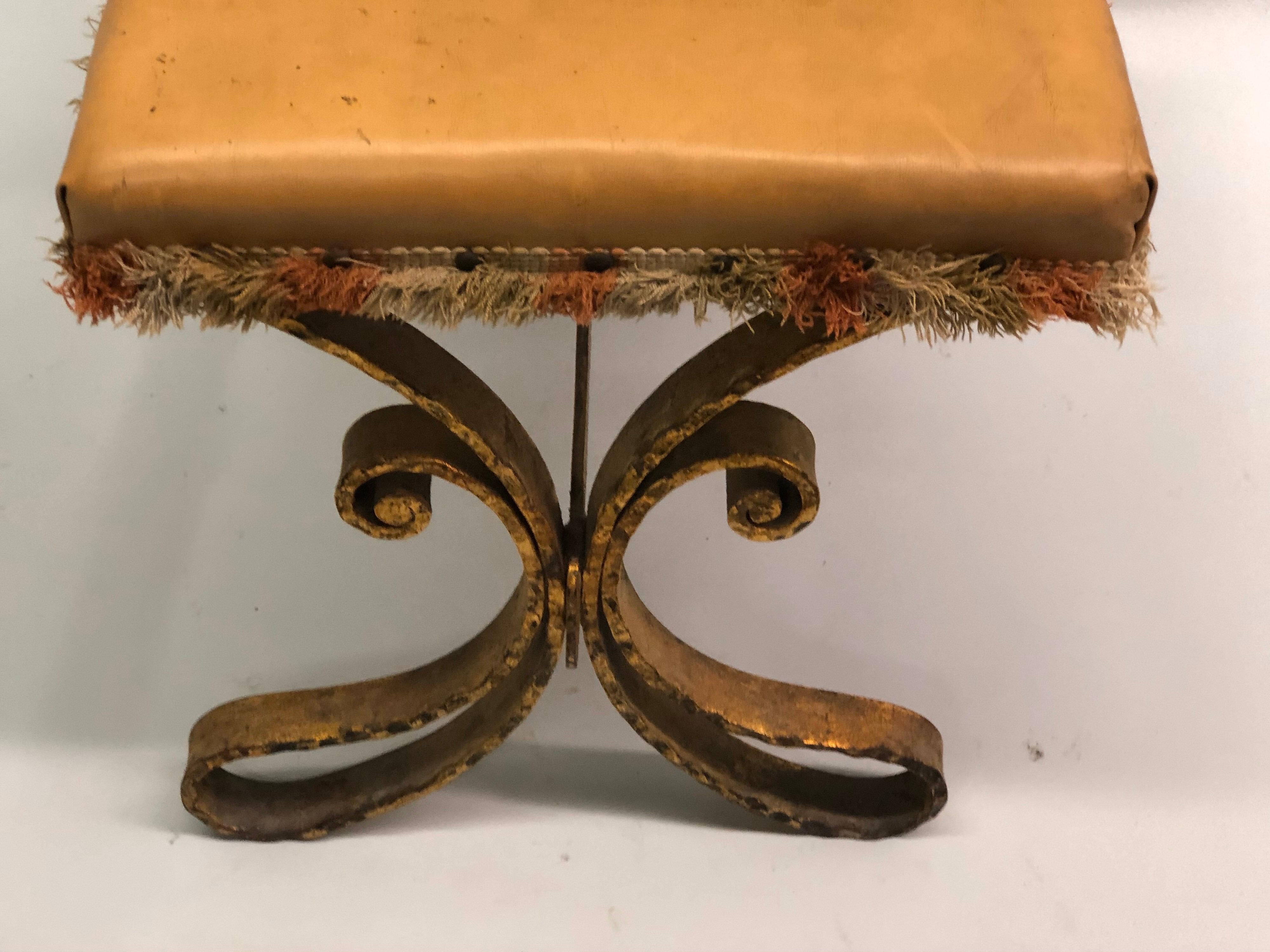 French Midcentury Gilt Wrought Iron and Leather Benches, Gilbert Poillerat, Pair 5
