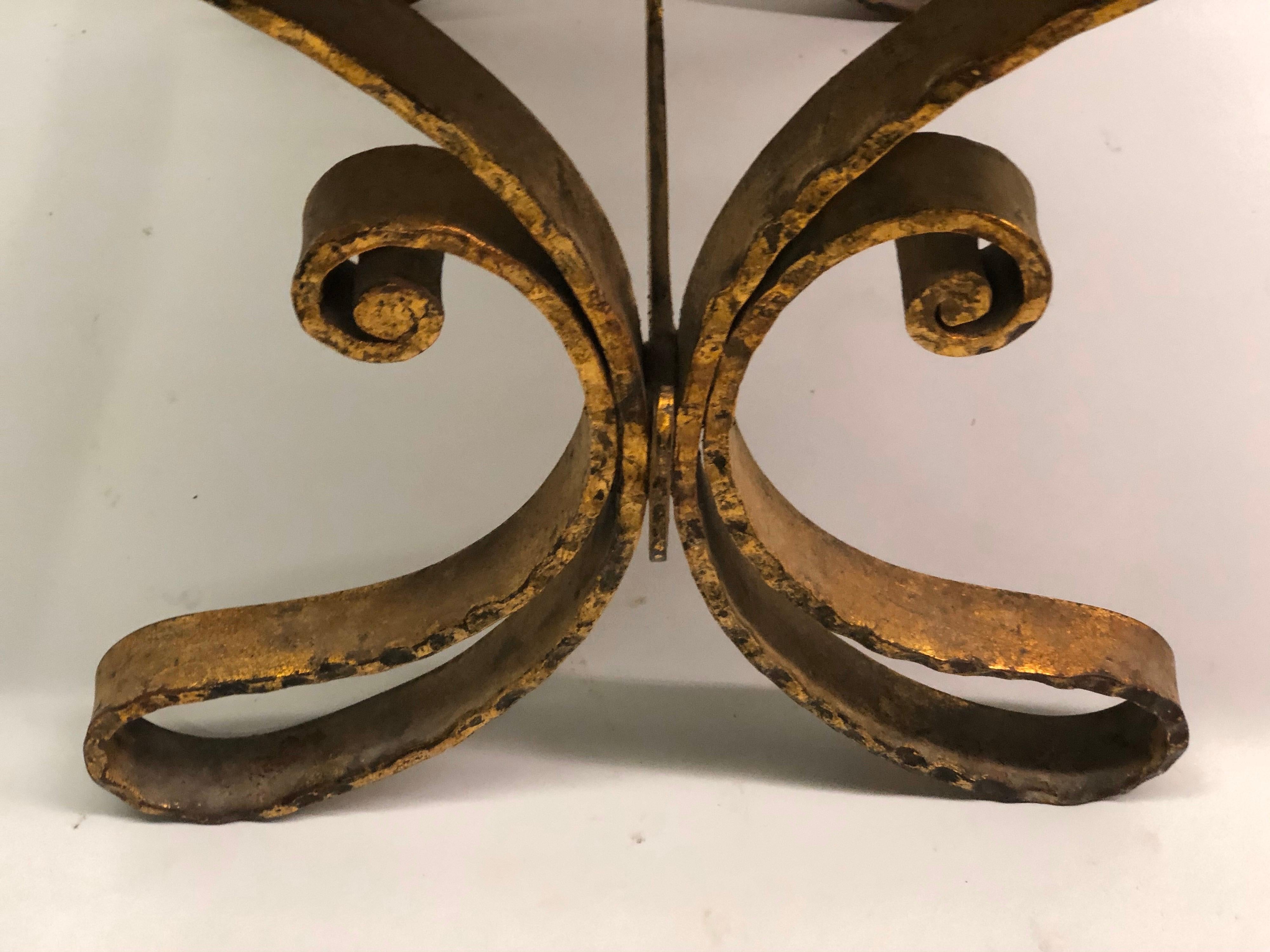 French Midcentury Gilt Wrought Iron and Leather Benches, Gilbert Poillerat, Pair 6