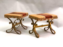 French Midcentury Gilt Wrought Iron and Leather Benches, Gilbert Poillerat, Pair