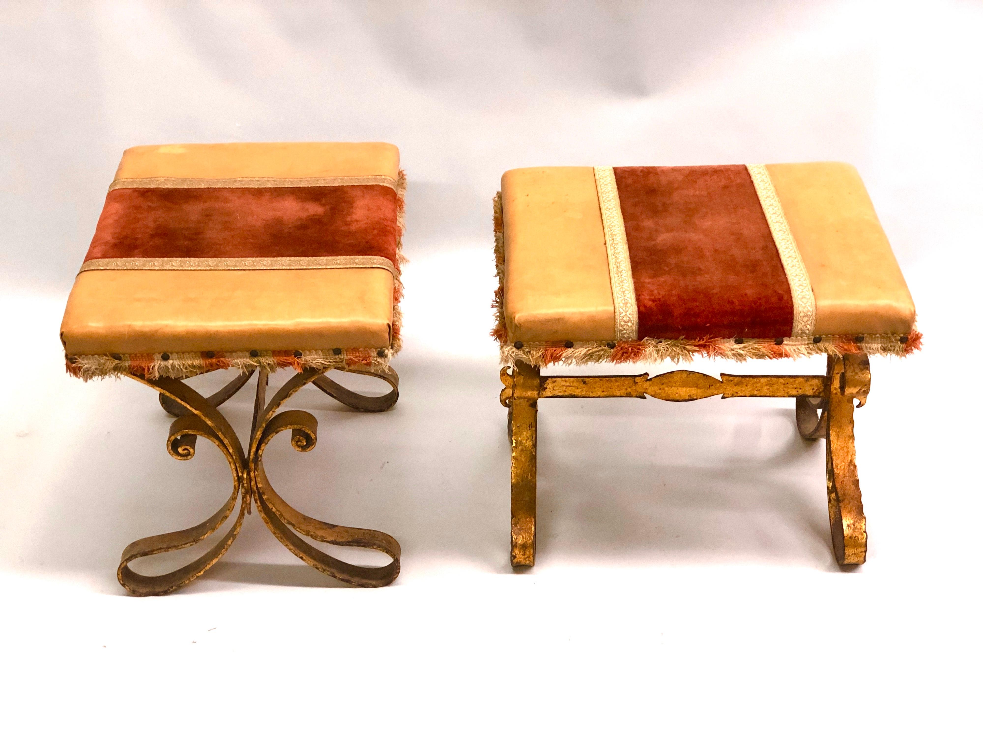 Mid-Century Modern French Midcentury Gilt Wrought Iron and Leather Benches, Gilbert Poillerat, Pair
