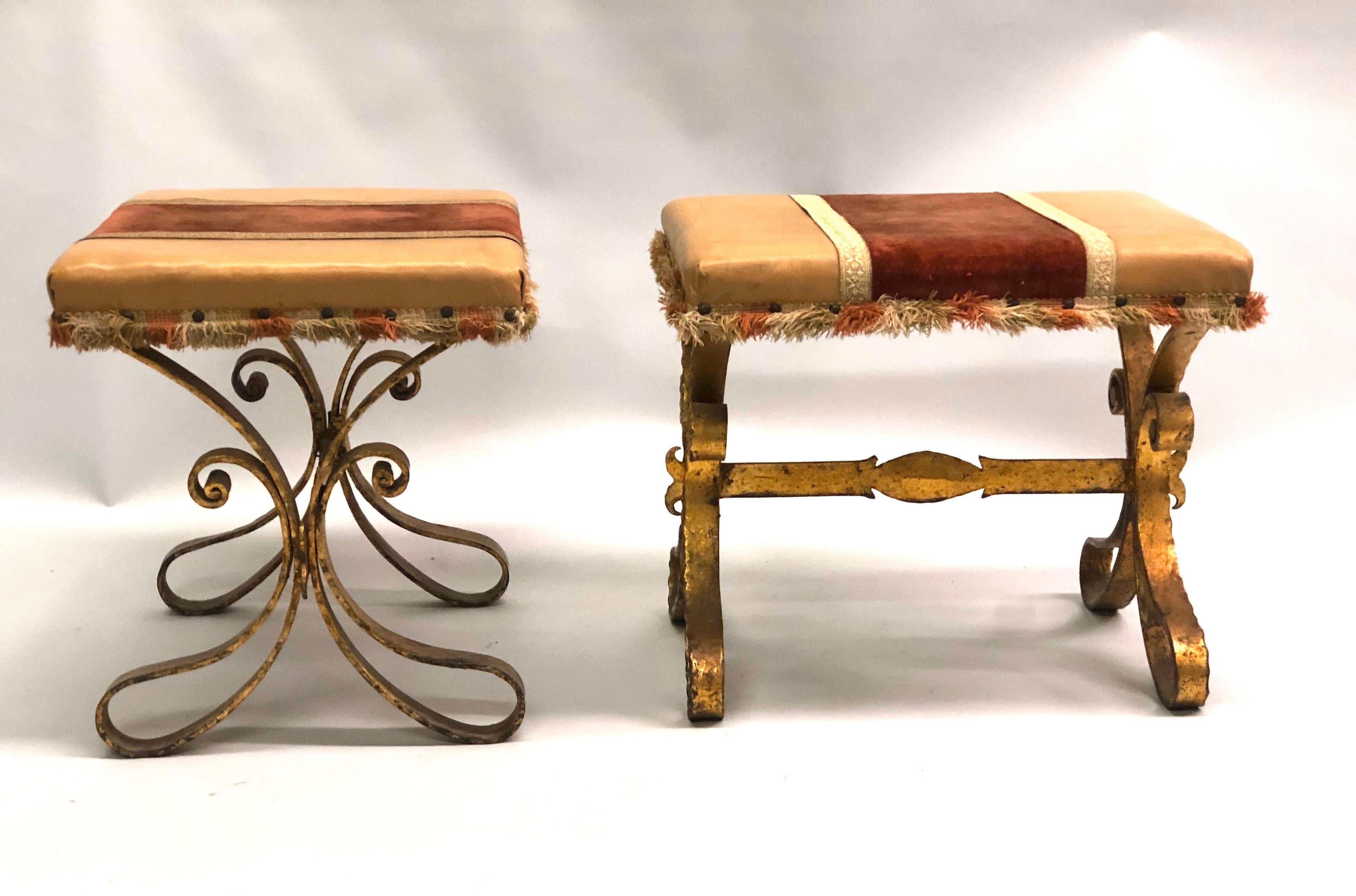 French Midcentury Gilt Wrought Iron and Leather Benches, Gilbert Poillerat, Pair In Good Condition In New York, NY