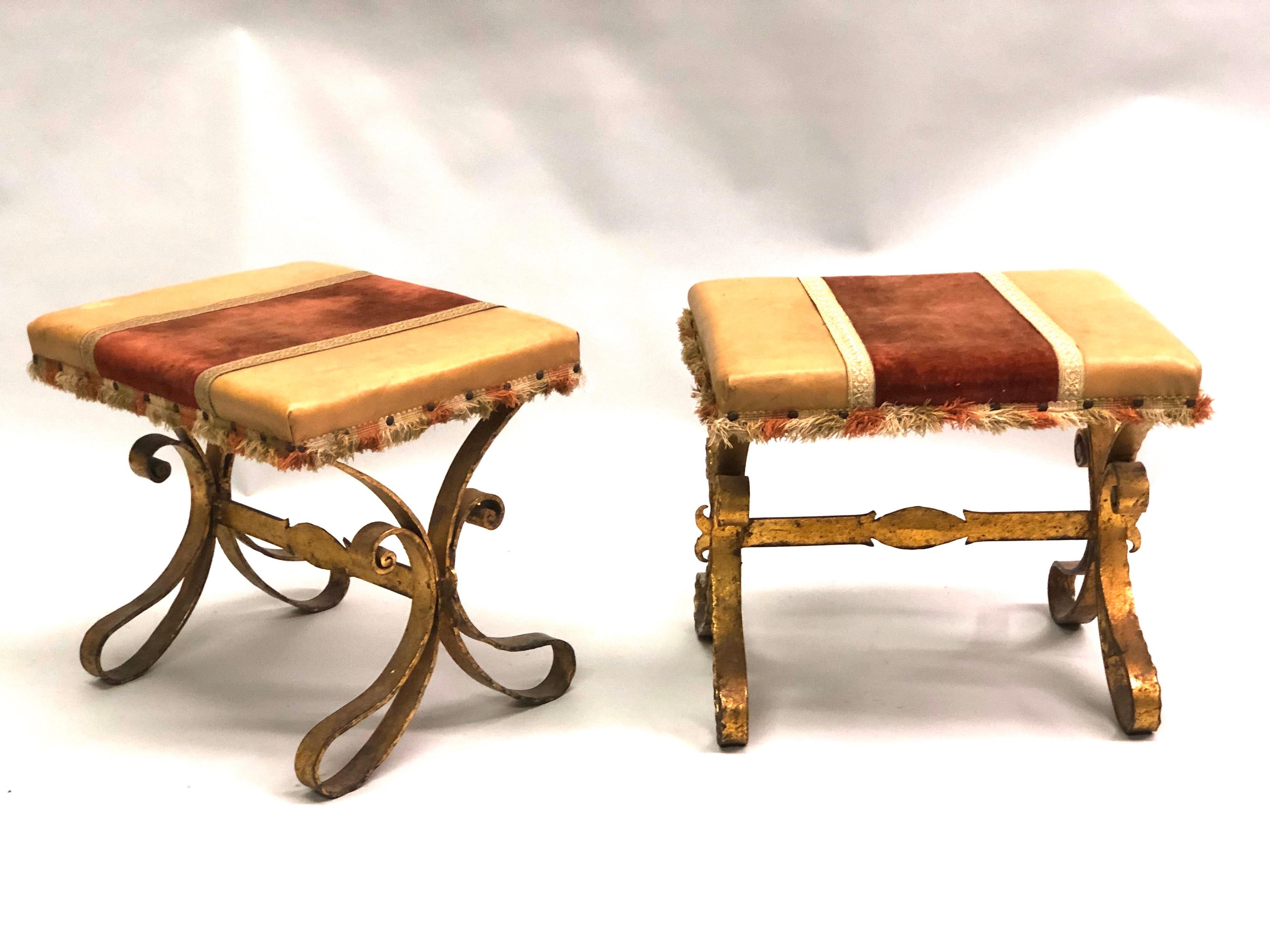 20th Century French Midcentury Gilt Wrought Iron and Leather Benches, Gilbert Poillerat, Pair