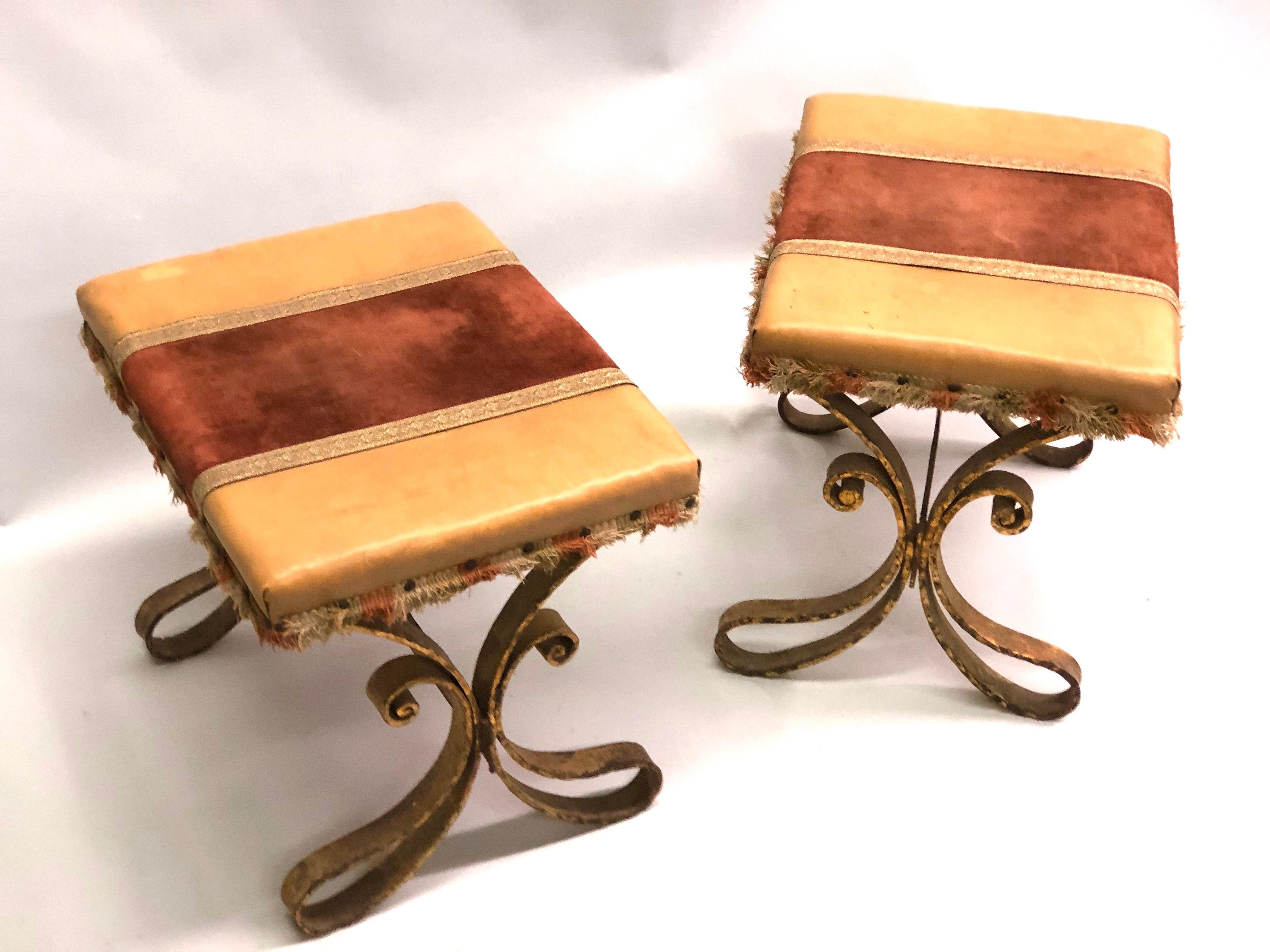 French Midcentury Gilt Wrought Iron and Leather Benches, Gilbert Poillerat, Pair 1