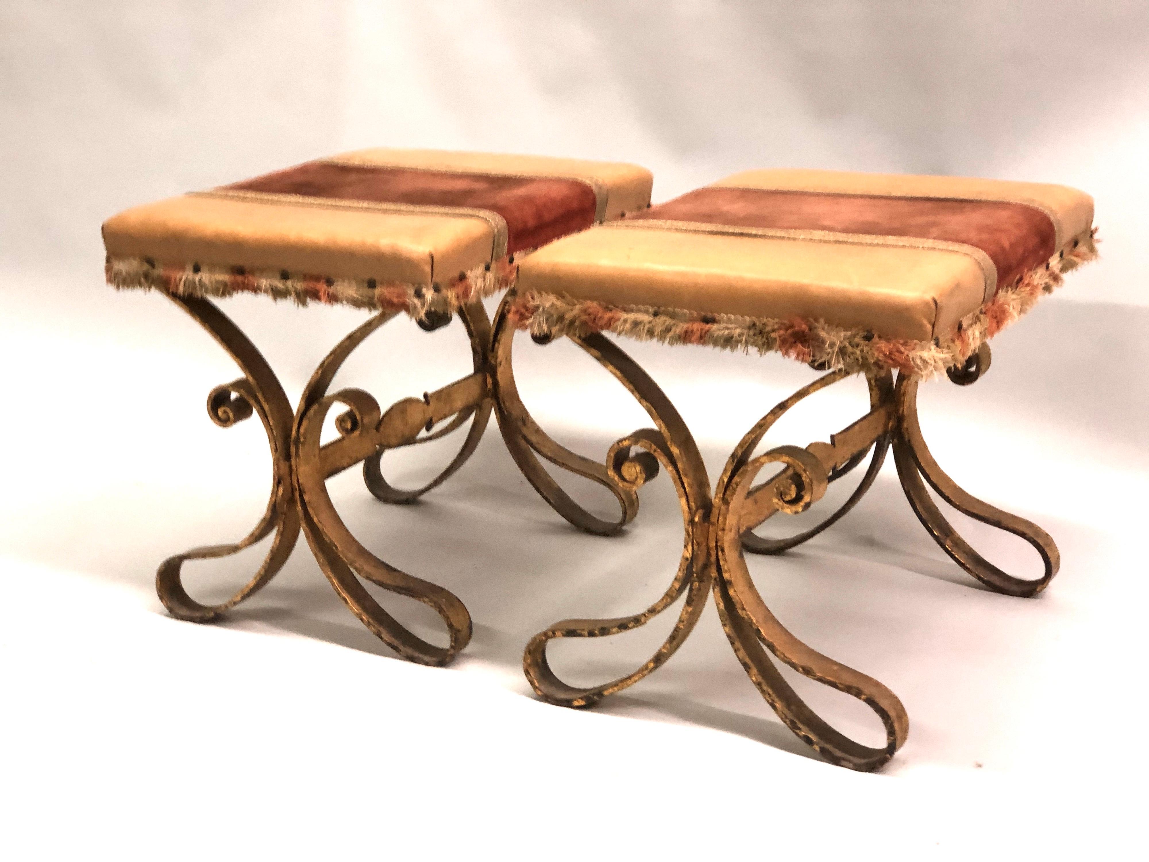 French Midcentury Gilt Wrought Iron and Leather Benches, Gilbert Poillerat, Pair 2