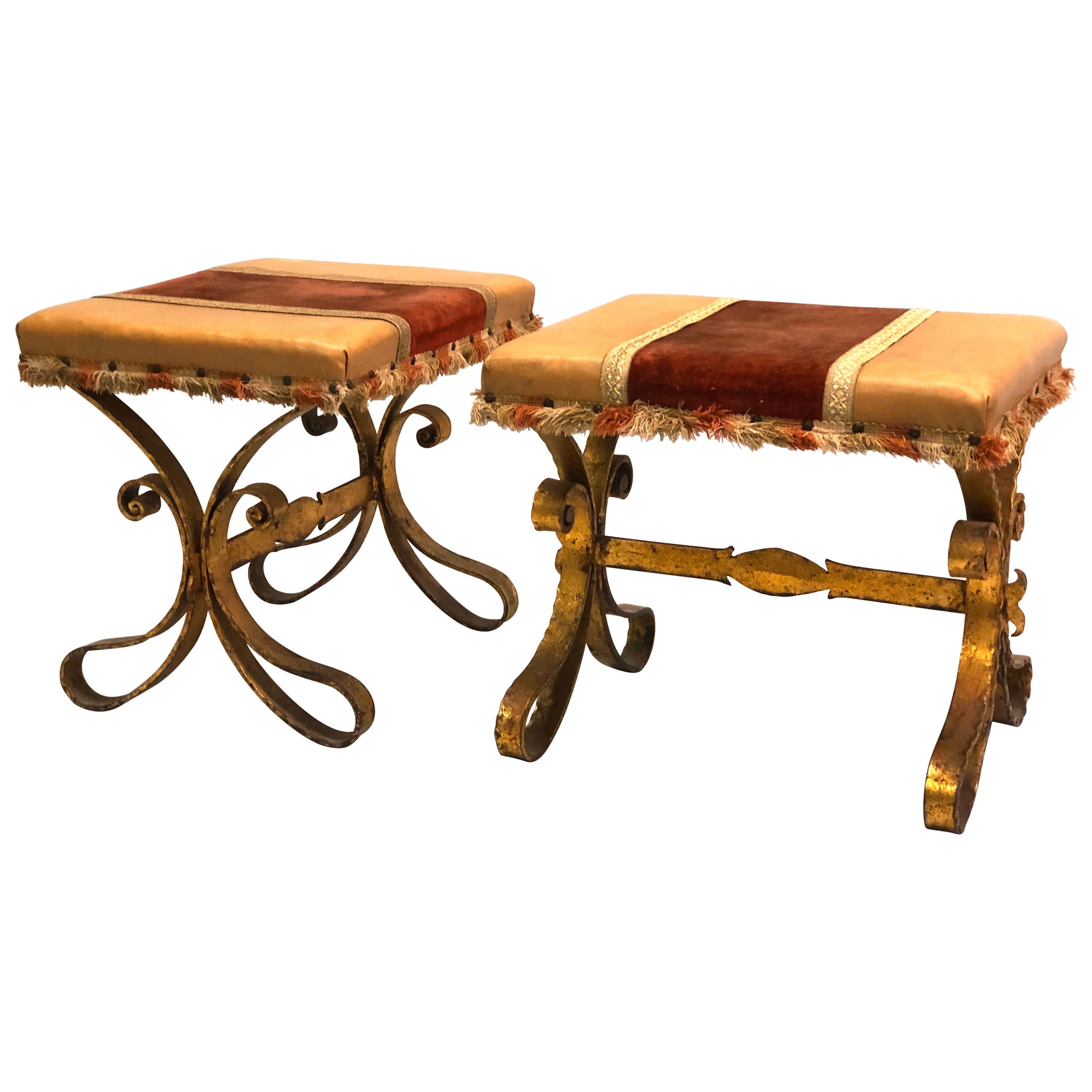 French Midcentury Gilt Wrought Iron and Leather Benches, Gilbert Poillerat, Pair