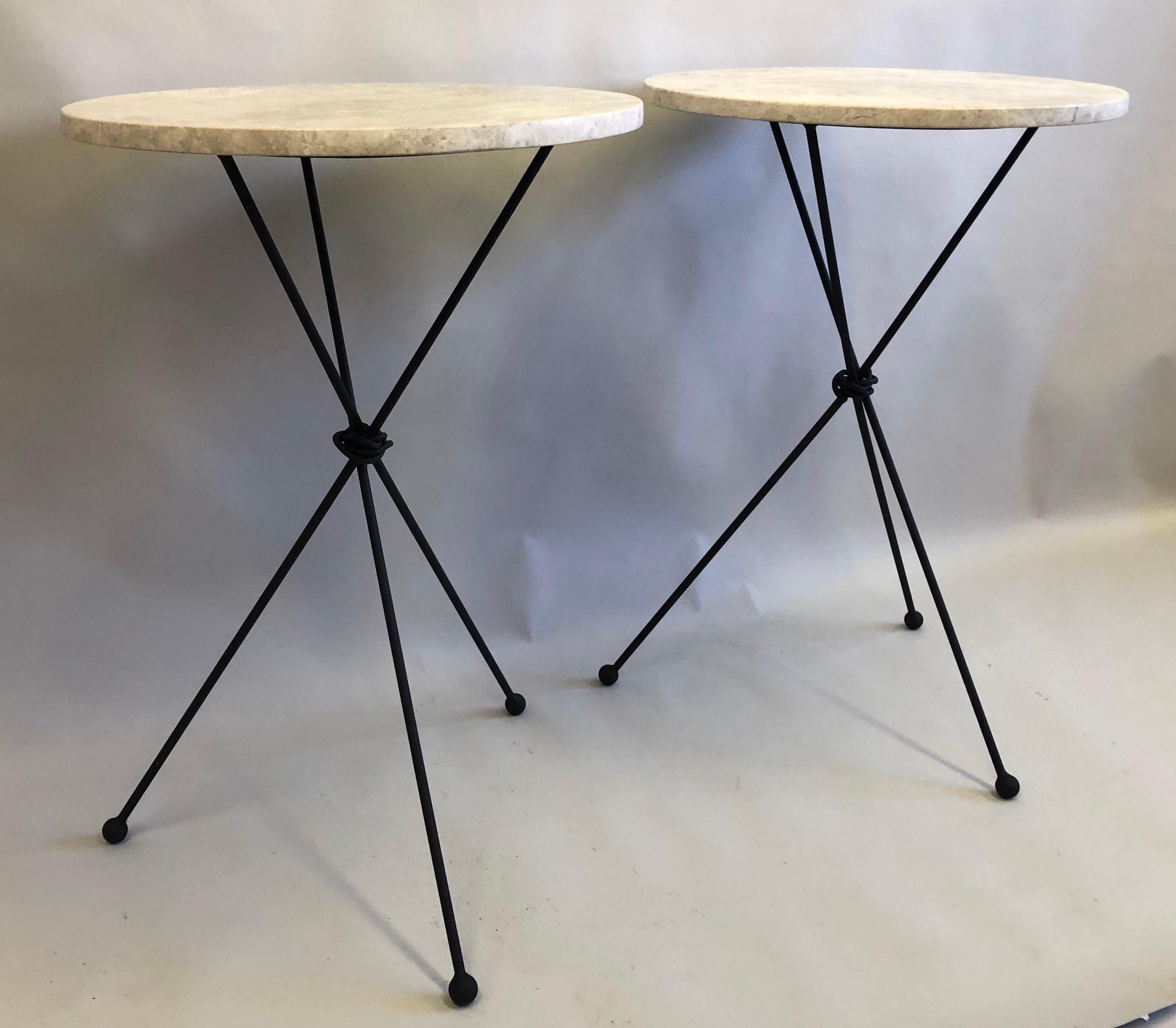 Mid-Century Modern Pair of French Midcentury Iron & Limestone End/ Side Tables, Giacometti For Sale