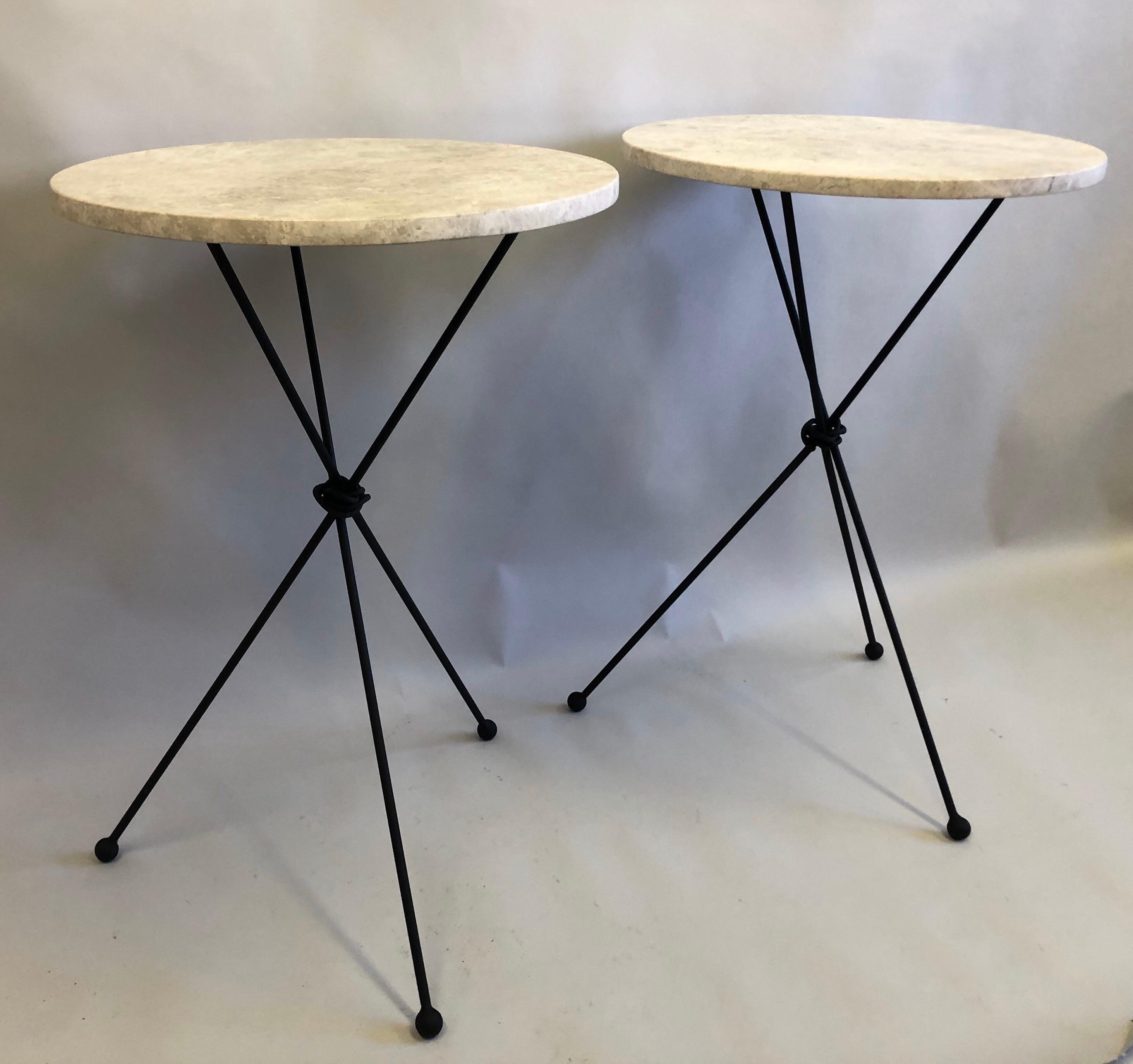 Pair of French Midcentury Iron & Limestone End/ Side Tables, Giacometti In Good Condition For Sale In New York, NY