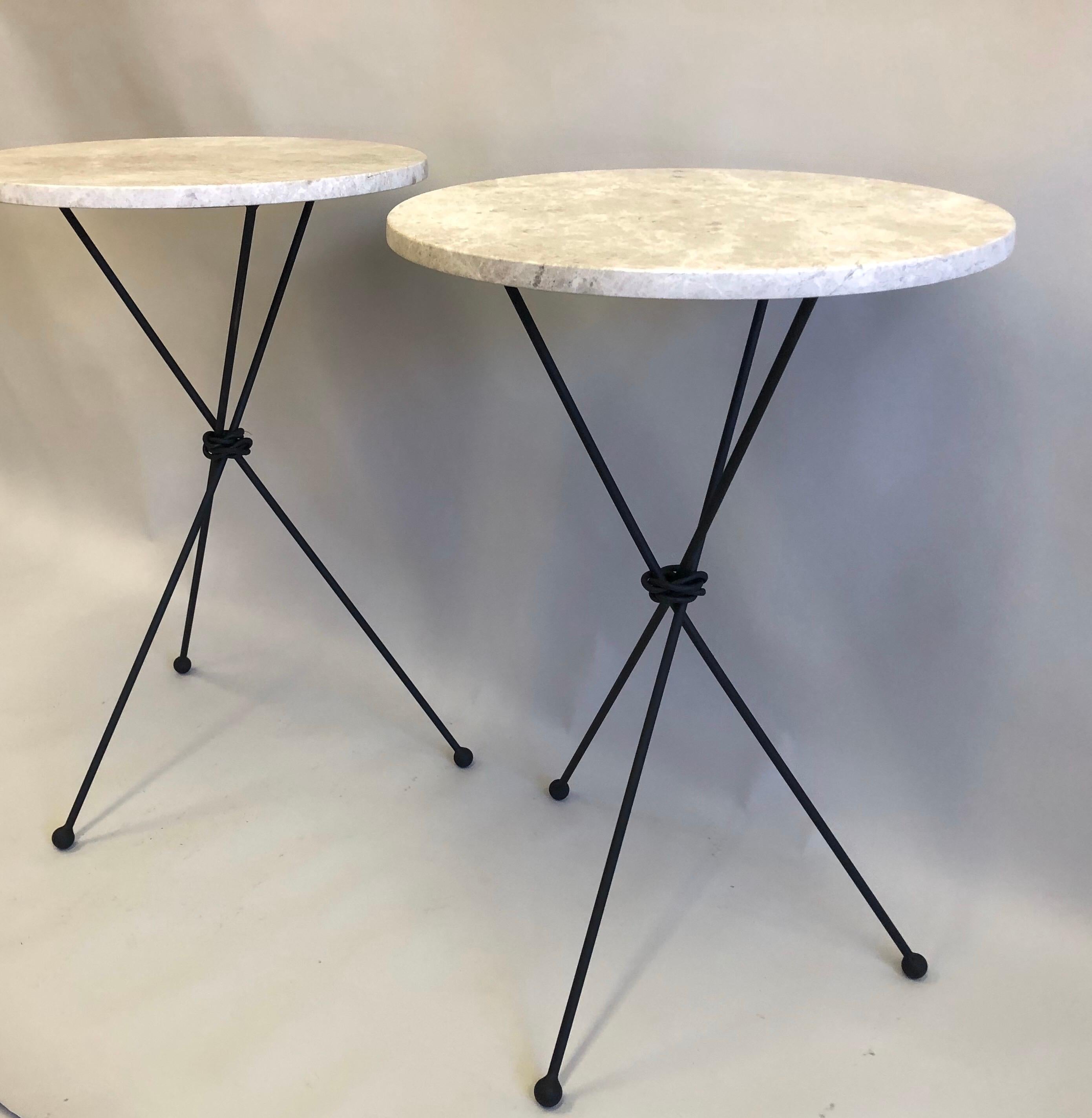 20th Century Pair of French Midcentury Iron & Limestone End/ Side Tables, Giacometti For Sale