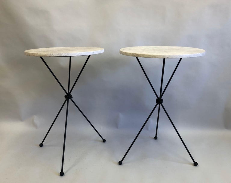 Wrought Iron Pair of French Midcentury Iron & Limestone End/ Side Tables, Giacometti For Sale