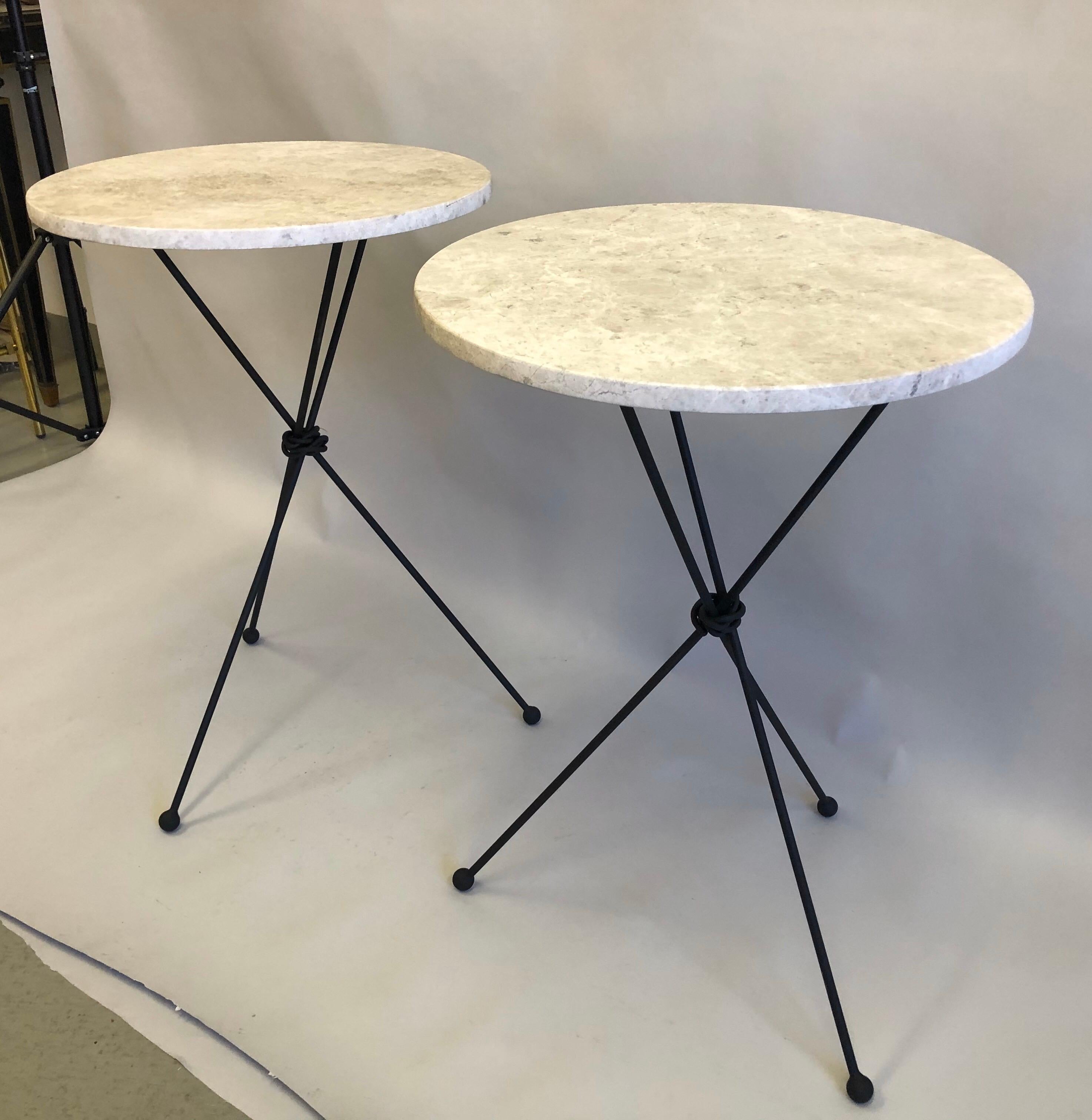 Pair of French Midcentury Iron & Limestone End/ Side Tables, Giacometti For Sale 1