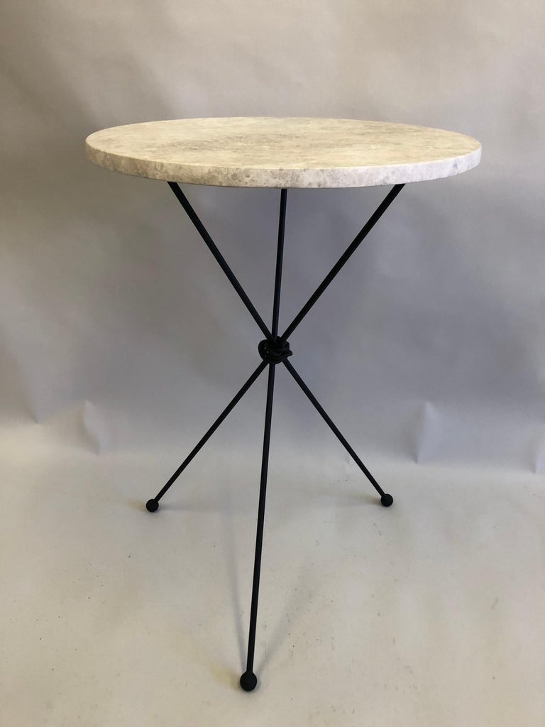Pair of French Midcentury Iron & Limestone End/ Side Tables, Giacometti For Sale 2